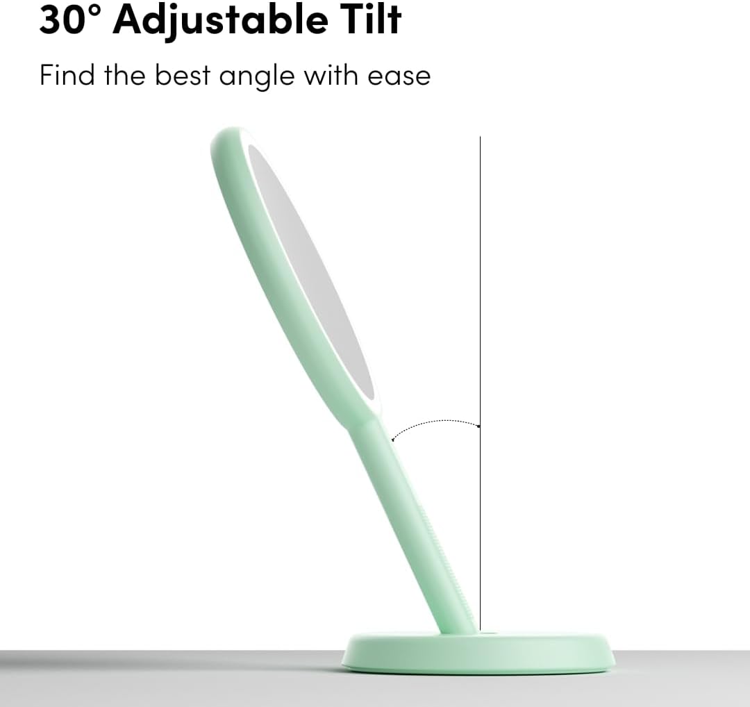 Fancii Cami Handheld Travel Makeup Mirror with Lights, Rechargeable, Extra Large, Double Sided 5X / 1X Magnifying Mirror - 3 Color Lighting, Handheld or Vanity (Pistachio)