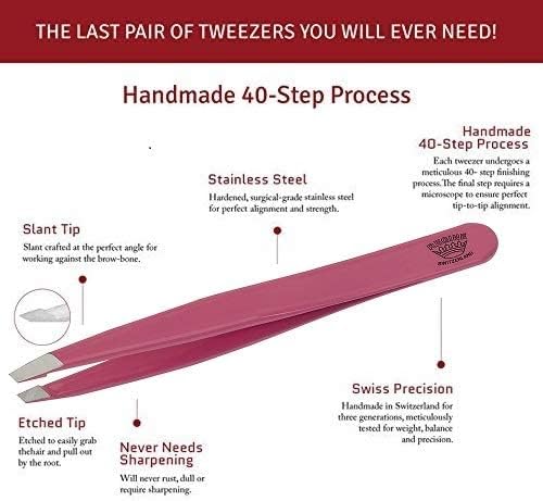 Slant Tweezer - Handmade in Switzerland - Professional Eyebrow & Facial Hair Remover - Etched Interior Grabs Hair from The Root - Perfectly Aligned Tips - Stainless Steel, Pink
