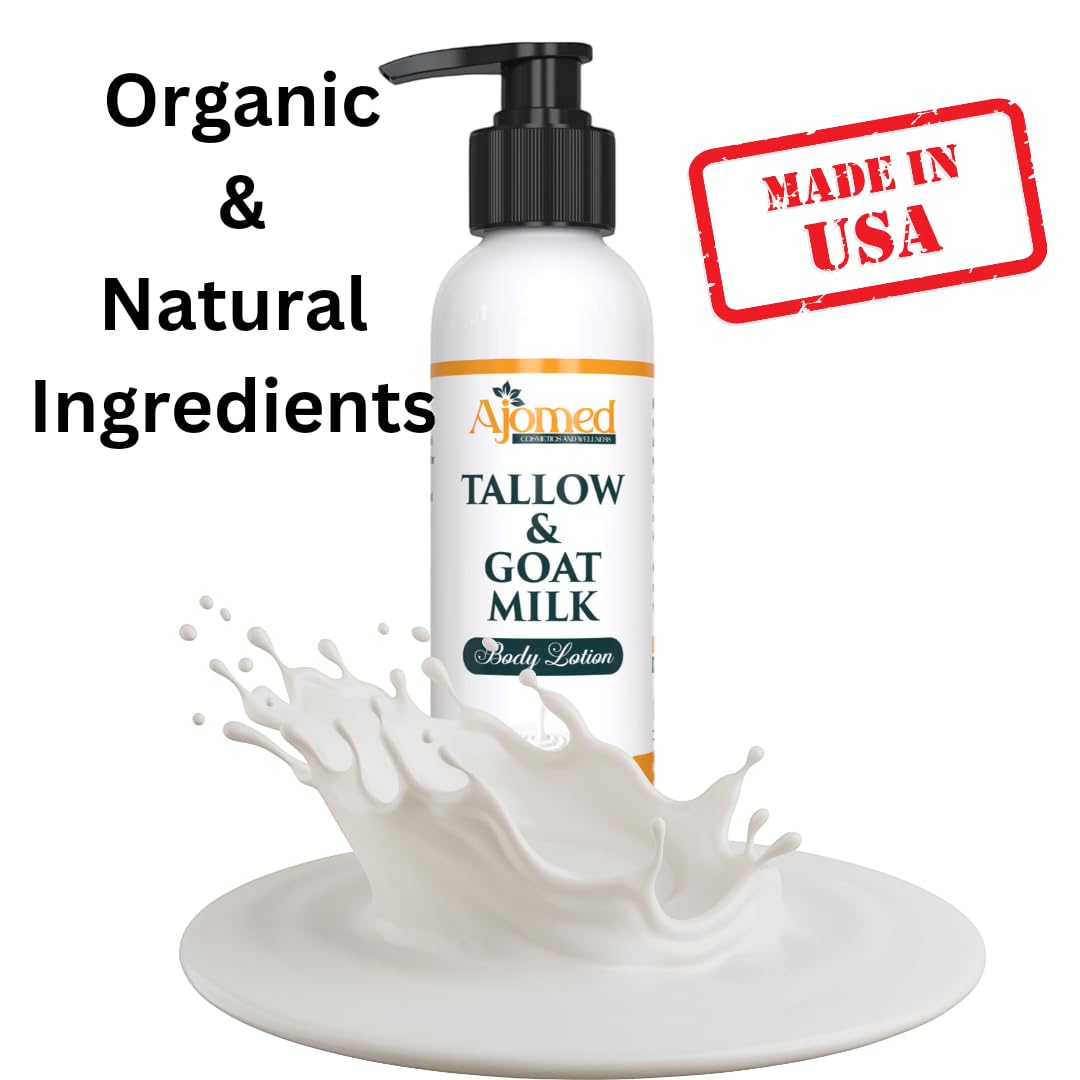 Grass Fed Beef Tallow & Goat Milk Body Lotion for Sensitive Skin, Organic Tallow Lotion - Soothes Dry Patches, Goat Milk Moisturizer - Handmade Tallow Body Lotion (UNSCENTED, 8 Oz)