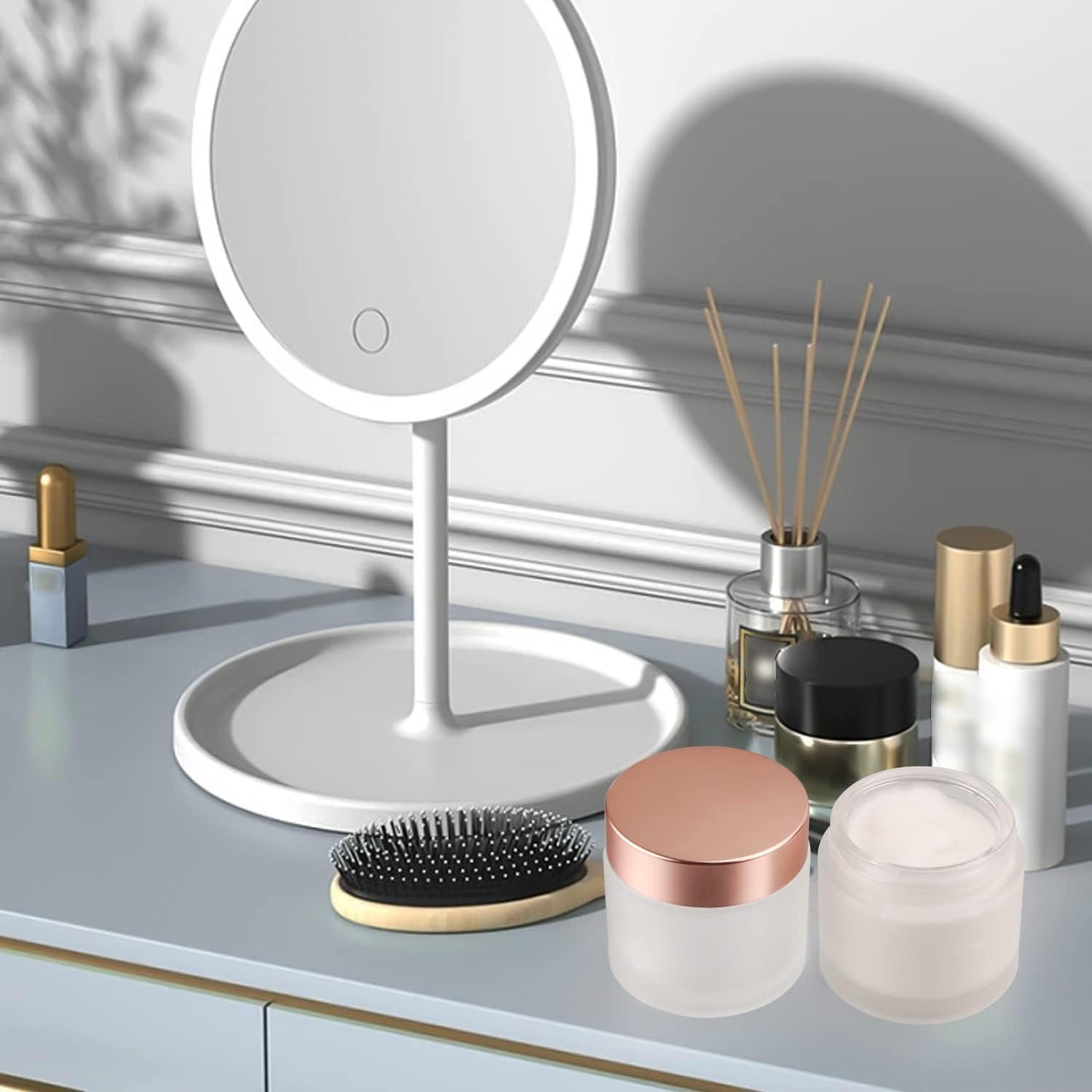 4 Pack 2 oz Frosted Glass Cream Jar,Empty Round Sample Jar Pot with Screw Lids&Inner Liner,Travel Storage Jar Container for Lotion, Eyeshadow,Moisturiser,gel-Rose Gold Lids