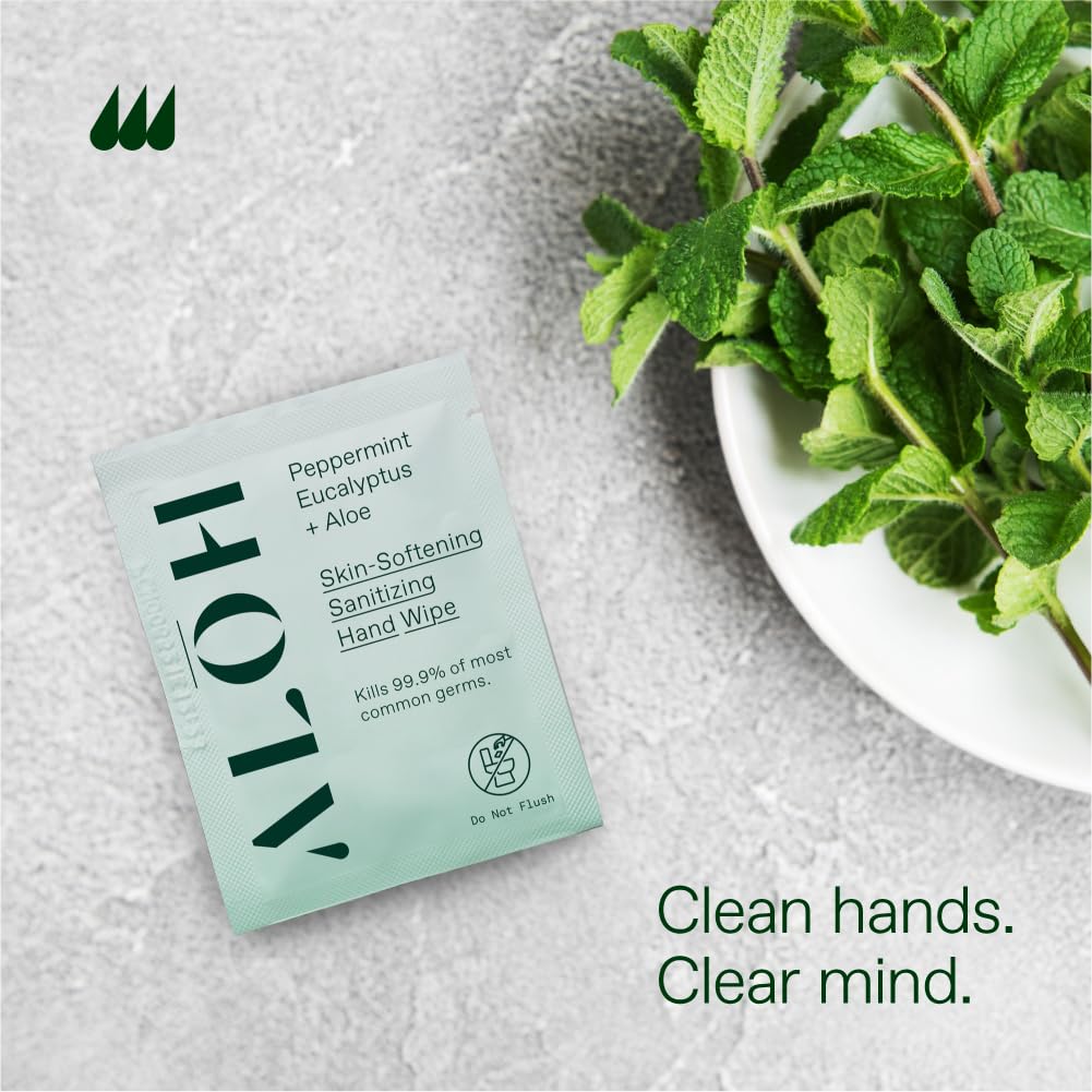 ALŌH Skin - Softening Sanitizing Hand Wipes – Peppermint + Eucalyptus Aloe (1 Box of 20 Individually Wrapped Wipes)