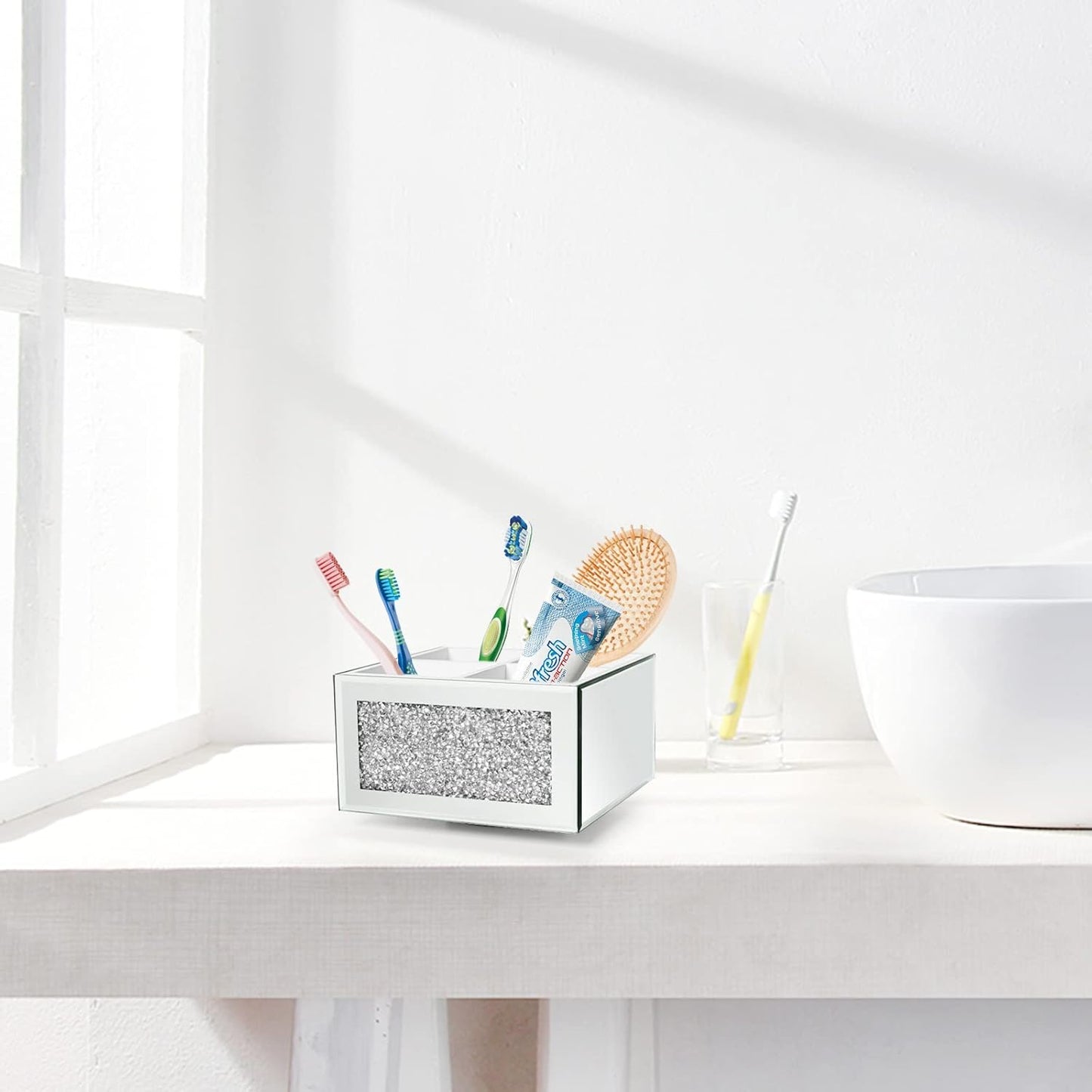 SWTHONY 360 Rotating Makeup Brush Holder Organizer, Silver Bling 4 Slot Crushed Diamond Glass Mirrored Cosmetic Brushes Storage, Eyeliners Eyebrow Pencil Display Case