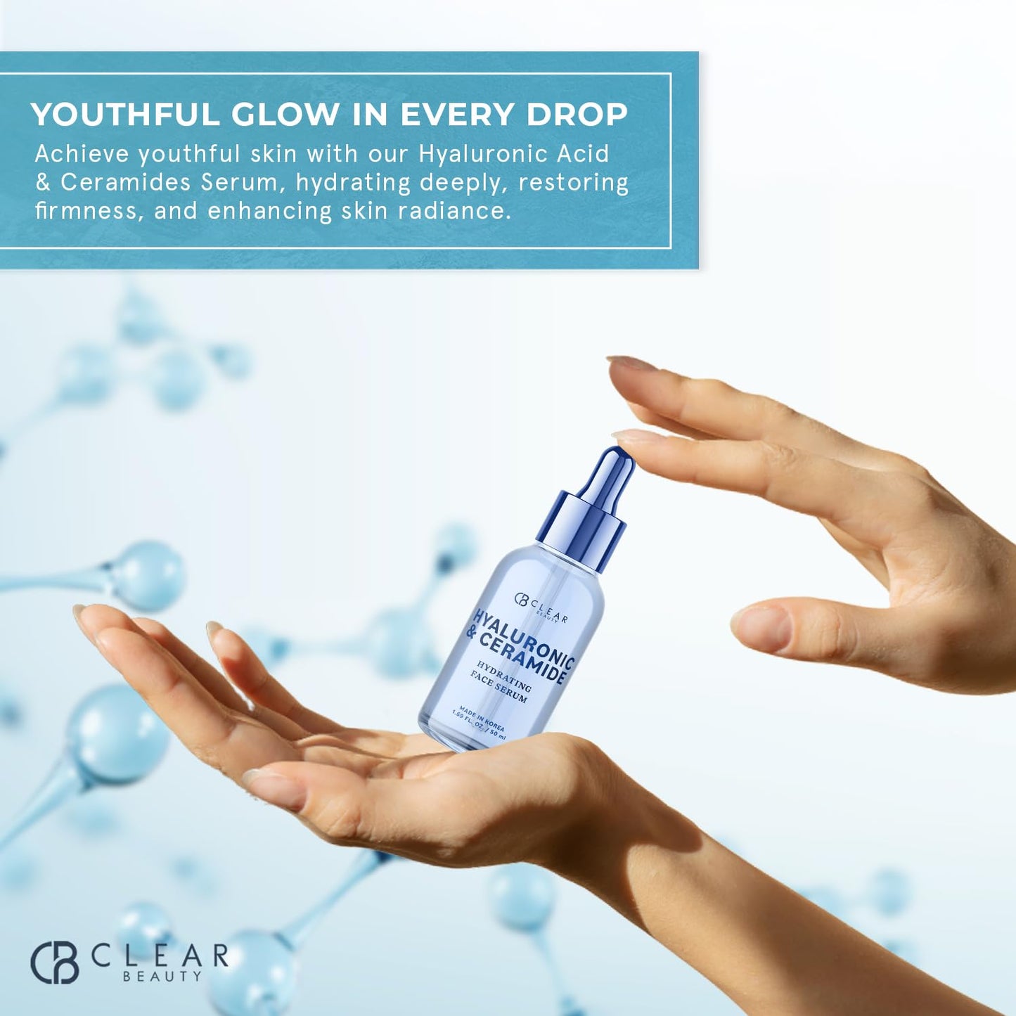 Hyaluronic & Ceramide Facial Serum - Dermatologist Tested, Anti-Aging, Korean Skin Care, Deep Hydration, Plumping & Smoothing - Vegan, Clean Beauty, Cruelty-Free, Non-GMO - 1.69 FL. Oz