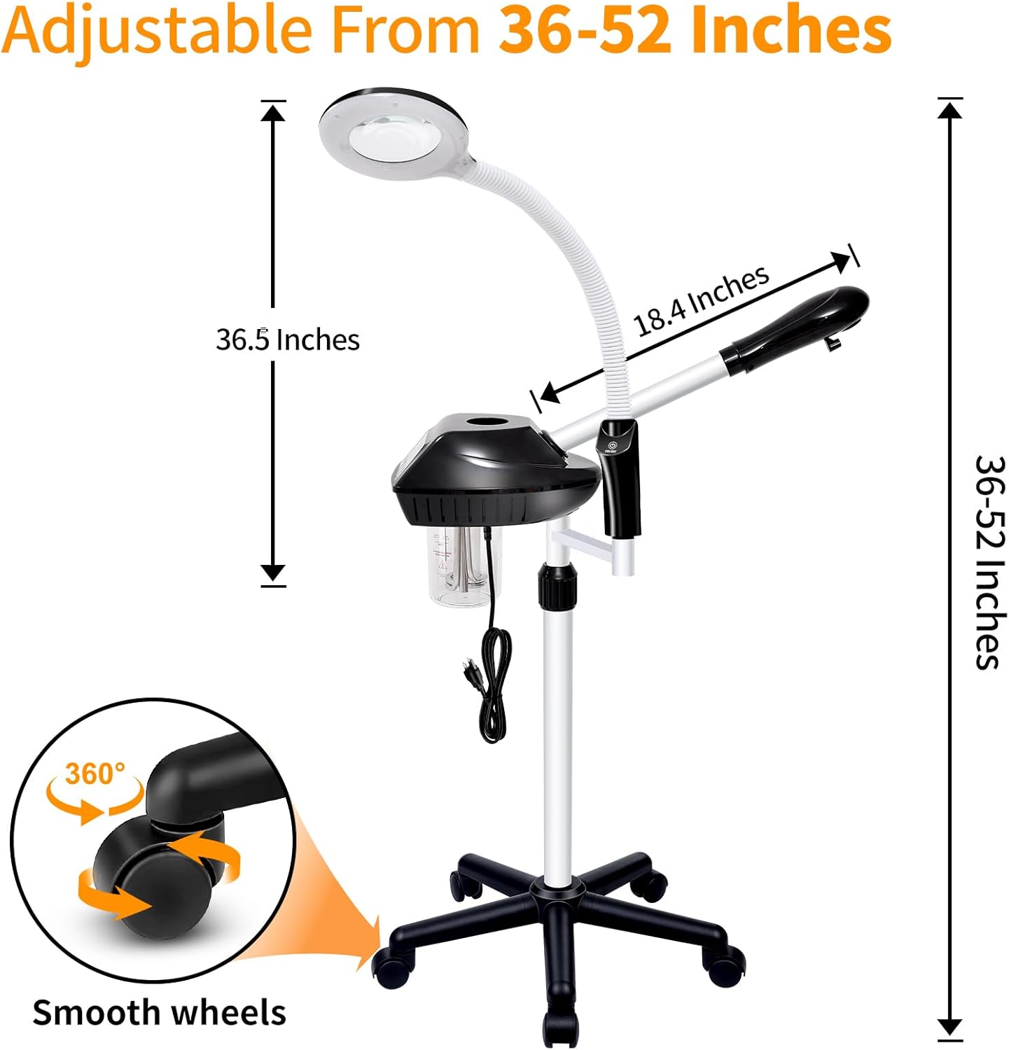 Professional Facial Steamer, 2 in 1 Facial Steamer on Wheels with 5X Magnifying Lamp, Steamer for Face Adjustable Height, Steamer for Facial for Salon, Spa and at Home Use