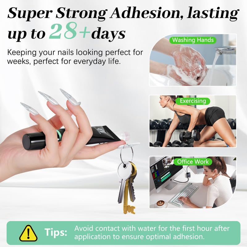 Nail Glue for Press Ons 10g & 5ml 2 in 1 Remover Pen Set, Quick Drying Semi Solid Glue on Nails No Lamp Needed Long Lasting 28+ Days, Gentle Removal Fake Acrylic Nail Tips Not for Gel Polish Base Coat