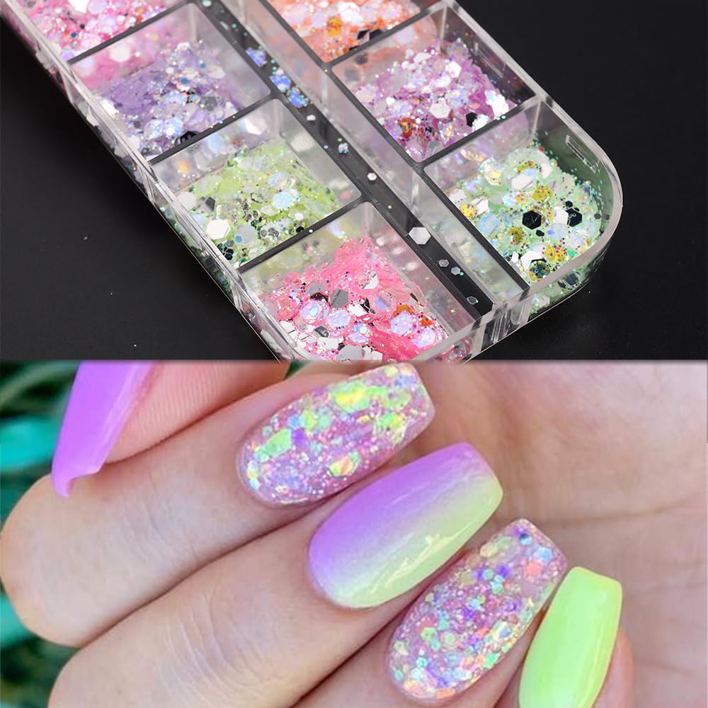 12 Grids Colorful Mermaid Nail Sequin Holographic Nail Art Glitter,Iridescent Nail Art Flake Glitter Decals Glass Paper Design Nail Accessories Acrylic Nails for Women Make Up DIY Nail Decoration