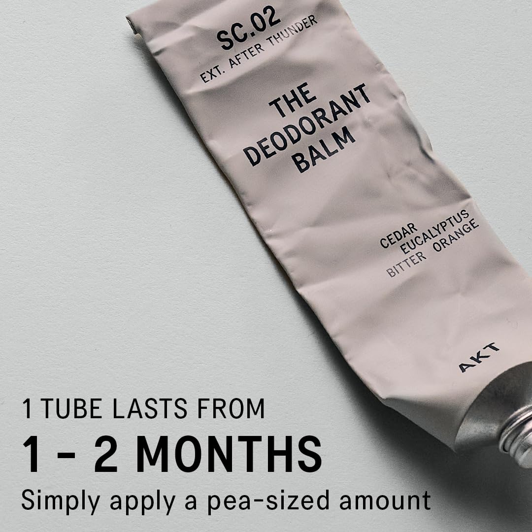 AKT, THE DEODORANT BALM. Award winning, multi-use, natural deodorant. Plastic Free. Gender Free. Aluminium Free. 100% effective — 1 tube lasts up to 3 months. SC.02 AFTER THUNDER. 50ml/1.76 FL.OZ