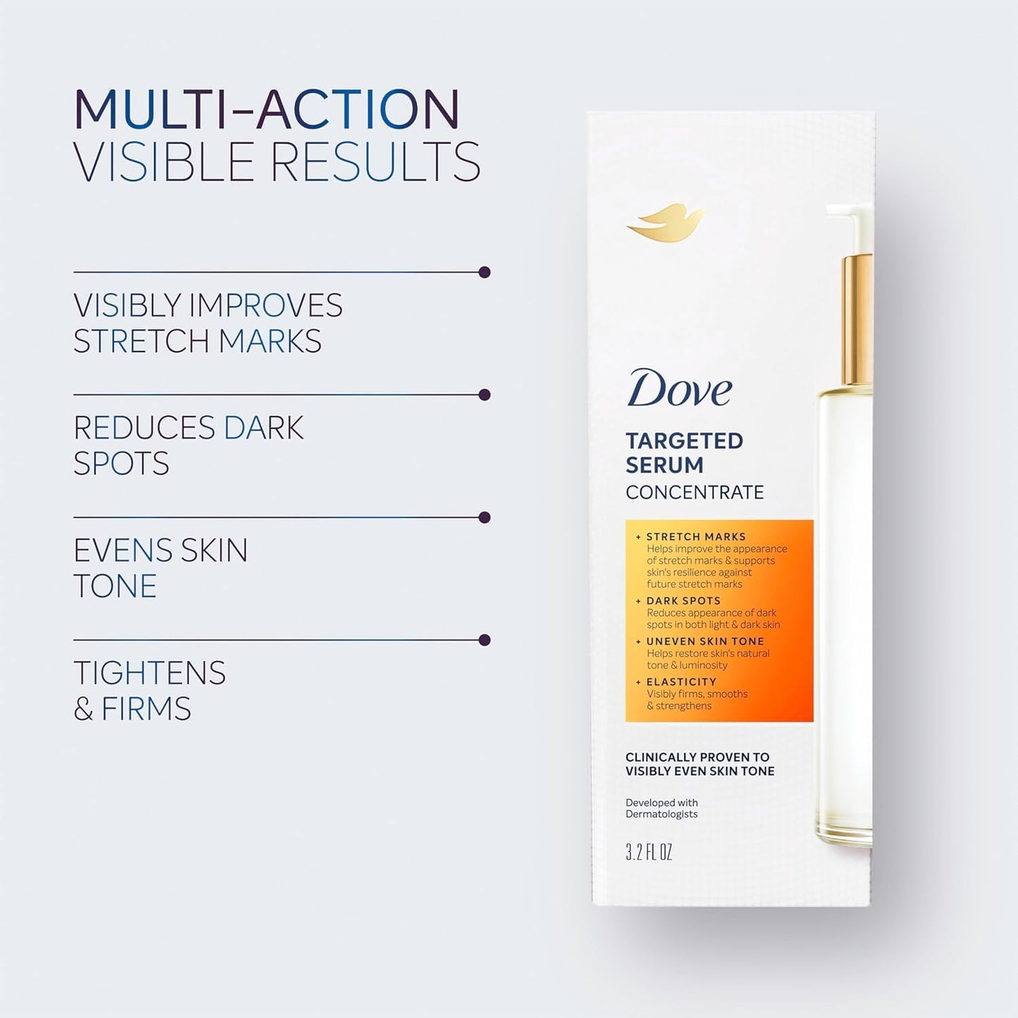 Dove Targeted Serum Multipurpose for Stretch Marks, Dark Spots, Uneven Skin Tone and Elasticity,with Tone Balance Complex, Niacinamide, Collagen Peptides and Natural Moisturizing Factors, 3.2 oz