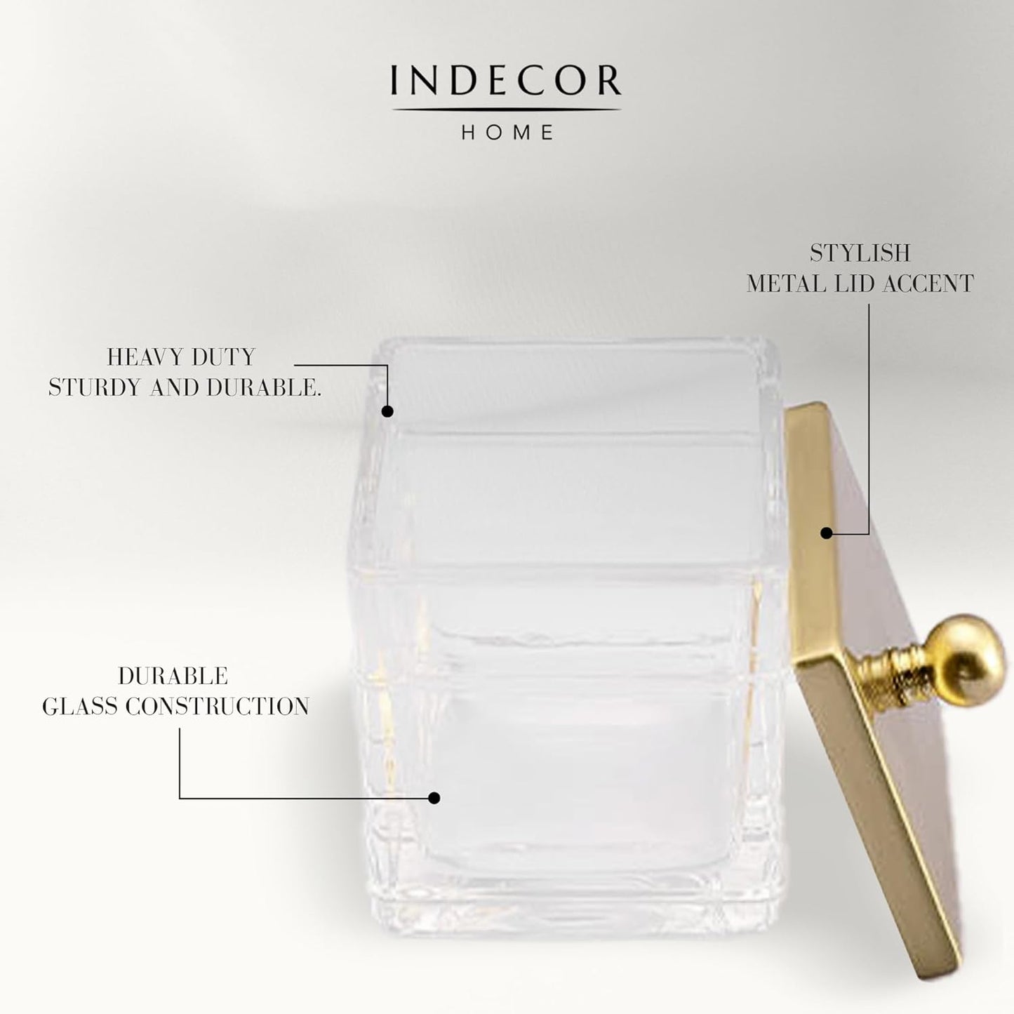 Apothecary Glass Cotton Jar Holder Brushed Gold Stainless Steel Lid, Elegant Bathroom Storage Canister for Qtips, Cotton Balls, Floss, Makeup Organizer, Vanity Bathroom Organization