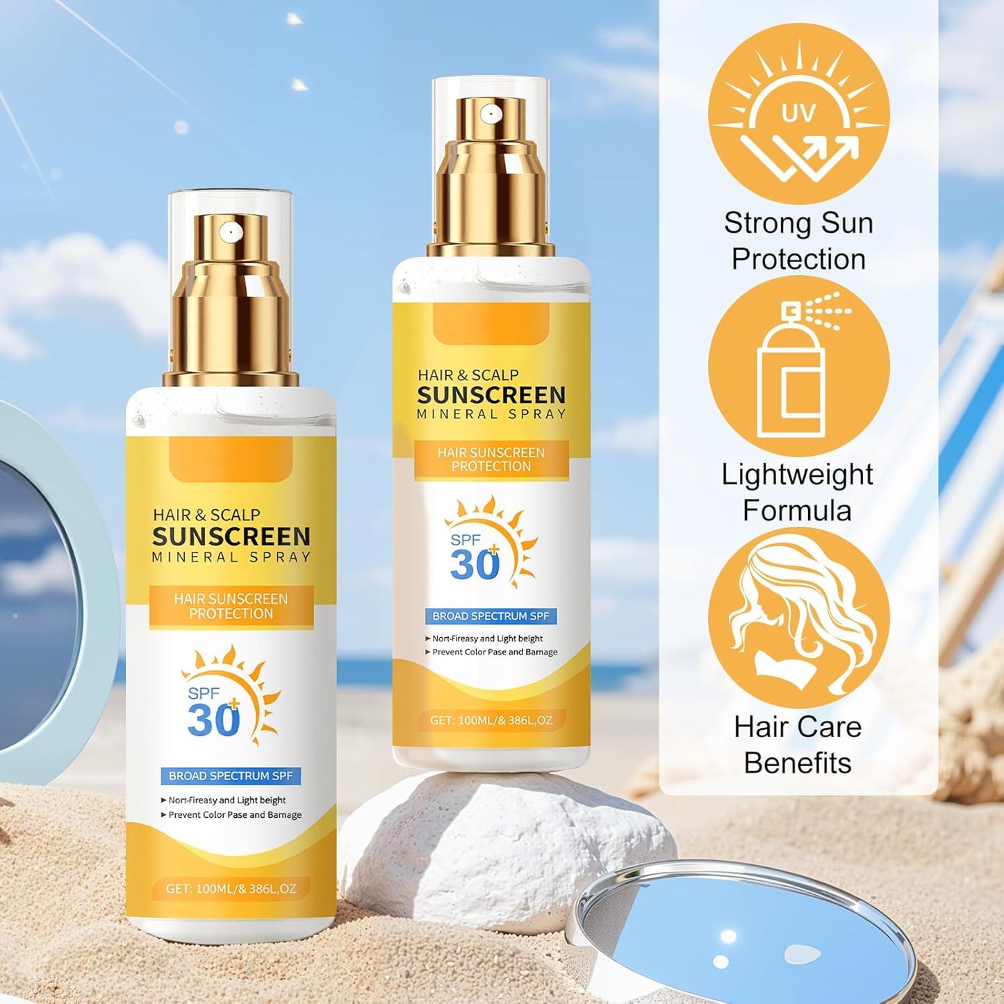 Ultimate Hair & Scalp Sunscreen Spray SPF 30 | Hair and Scalp Sunscreen Spray | Color-Lock UV Shield for Dyed/Highlighted Hair,Travel-Size Scalp Sunblock Prevents Fading & Dryness(2PCS)