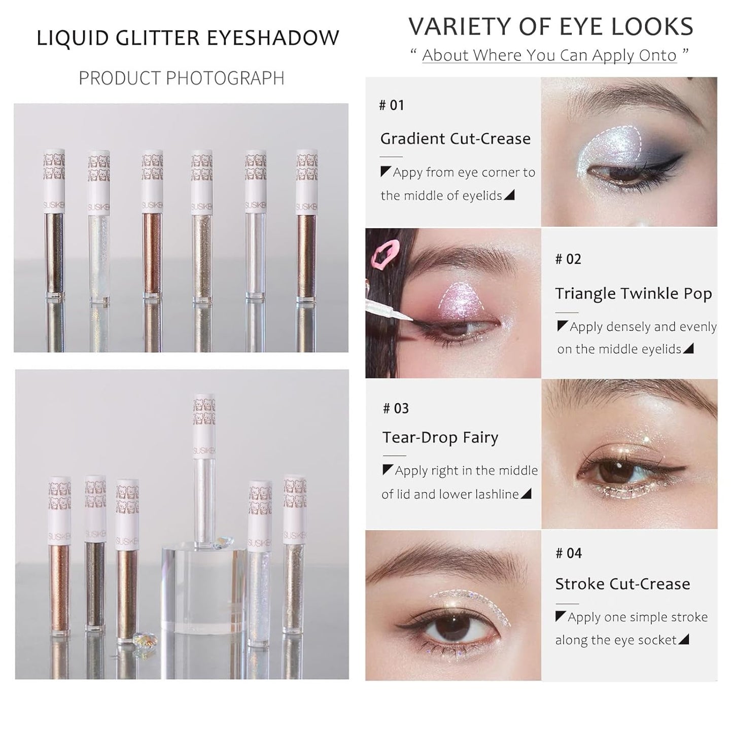 Eye Glitter Liquid Eyeshadow Eyeliner Set(6Pcs), Glittery Korean Makeup Bling Under Eye Shadows, Shimmer Tear Drop Make Up Gift Kit, Quick-Dry, Long-Lasting Loose Glitter Glue for Crystal Makeup