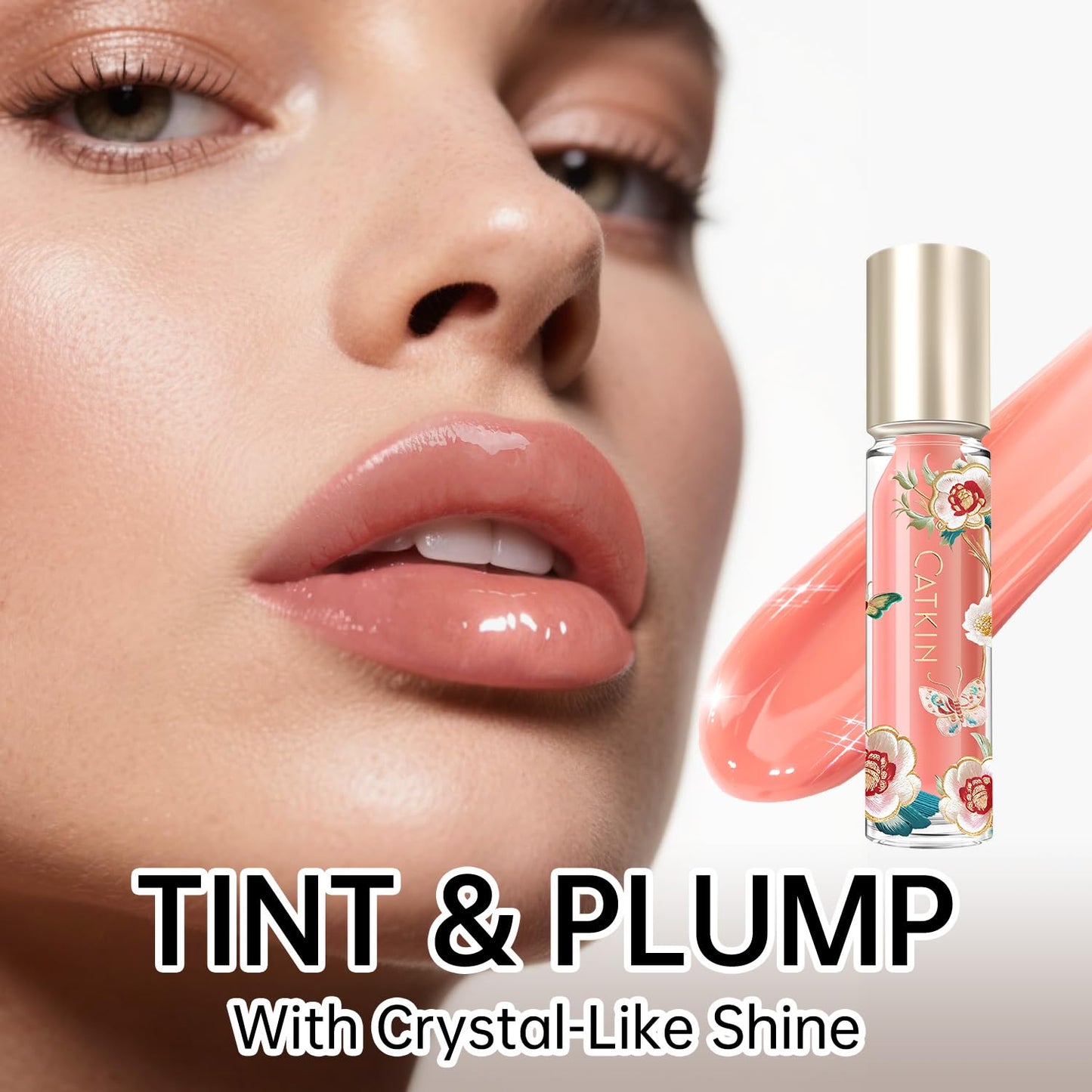 Catkin Lip Plumper Gloss, Tinted Lip Serum with Hyaluronic Acid & Jojoba Oil, Non-sticky Volumizing Hydrating Formula for a High Shine Maximum 3D Look, Plump & Soft Lips 0.12 Fl Oz - C03 Coral Pearl