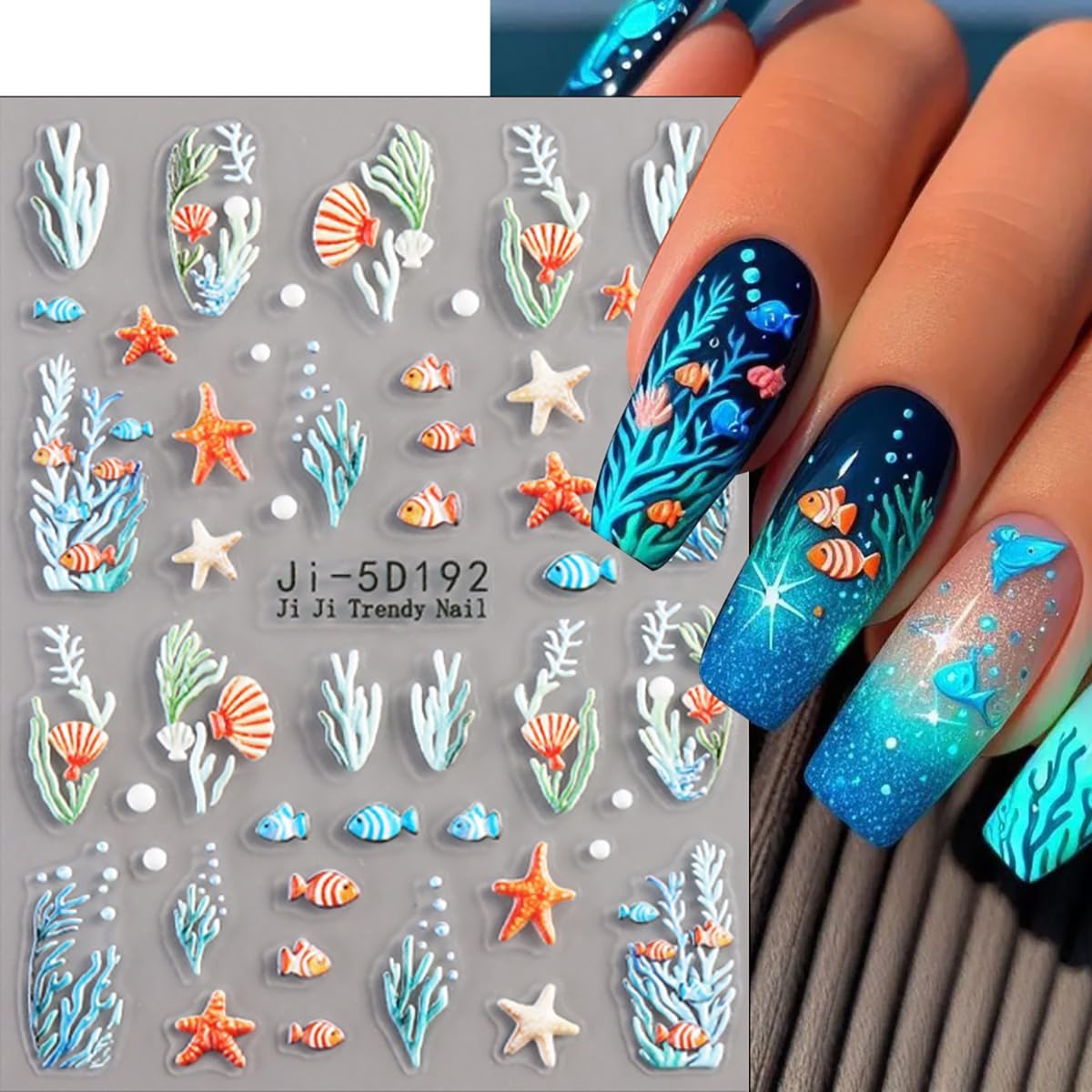5D Embossed Summer Nail Stickers for Nail Art 2 Sheets Beach Starfish Nail Art Stickers Self-Adhesive Jellyfish Shell Starfish Sea Turtle Coconut Tree Designs Ocean Nail Decals for Women Acrylic Nails