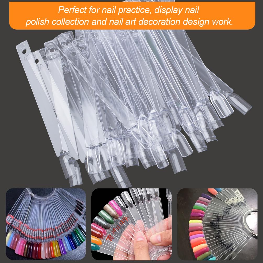 JASSINS 50 Pcs Nail Swatch Sticks with Ring and Numbered Tips - Clear Fan-shaped Display for Nail Art Polish Practice