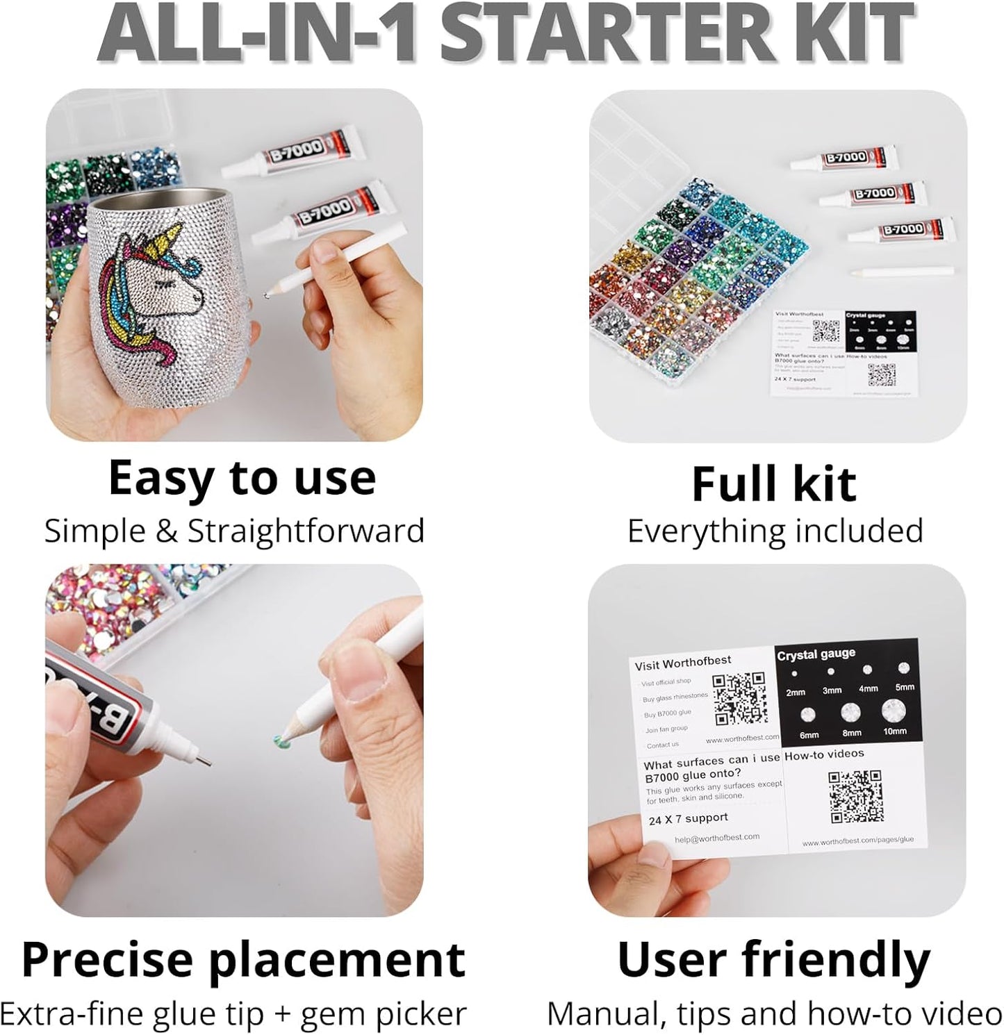 30000Pcs Resin Rhinestones Set for Crafting Bedazzling, Grey Flatback Gems Jewels for Crafts Clothes Shoes Fabric Outfit Nails Makeup, Gray Flat Back Crystal 2-6mm with b 7000 Glue