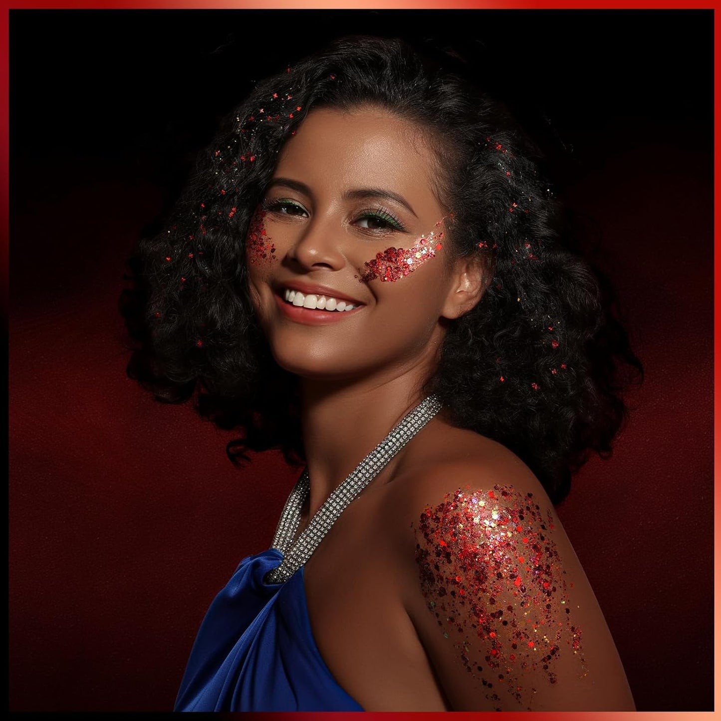 Teenitor Face Glitter, Red Body Glitter Gel, Hair Glitter, 6 Shapes Festival Rave Body Makeup Glitters Gel, Chunky Sparkling Glitter for Face, Body and Hair