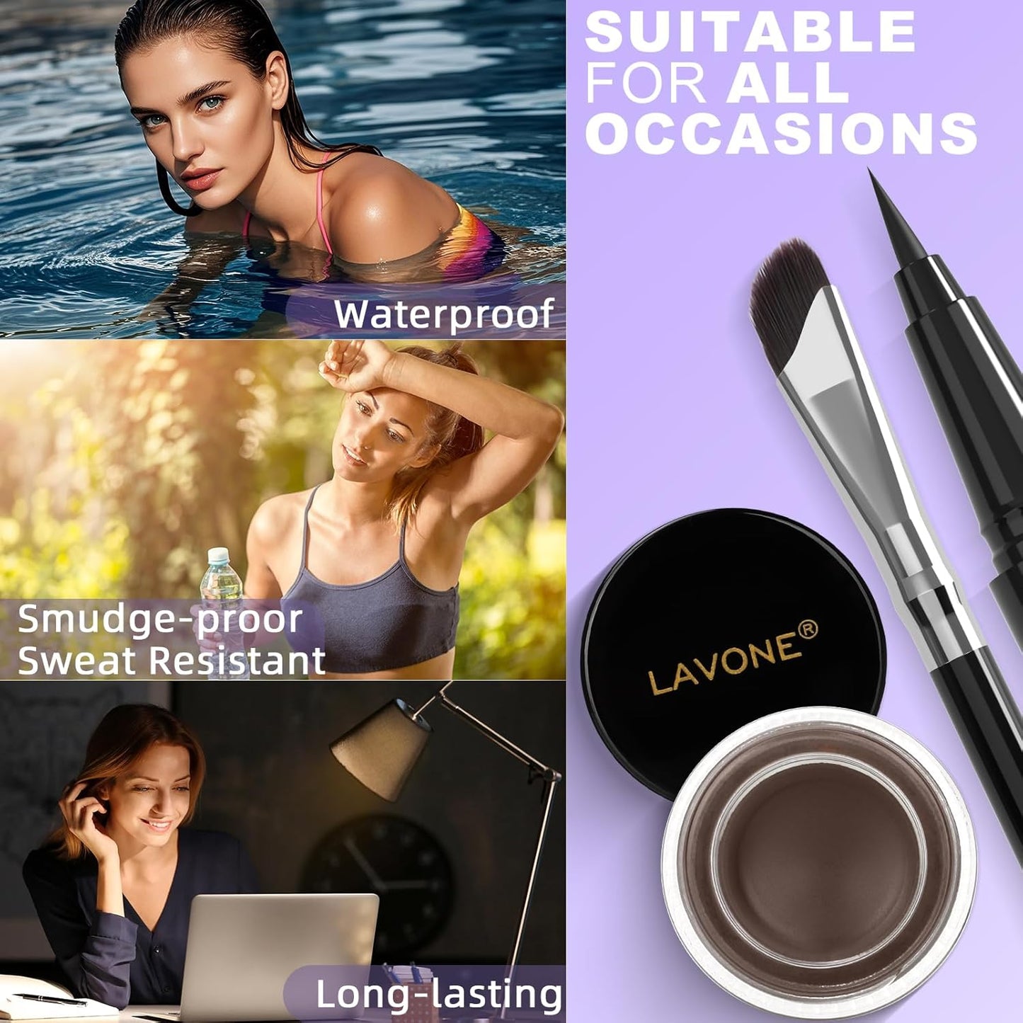LAVONE Eyeliner Set - Waterproof Makeup Kit with Liquid Eye Liner Pencil, Gel Eyeliner and Angled Eye Liner Brush, Waterproof, Smudge Resistant, Long Lasting Formula - Black Brown