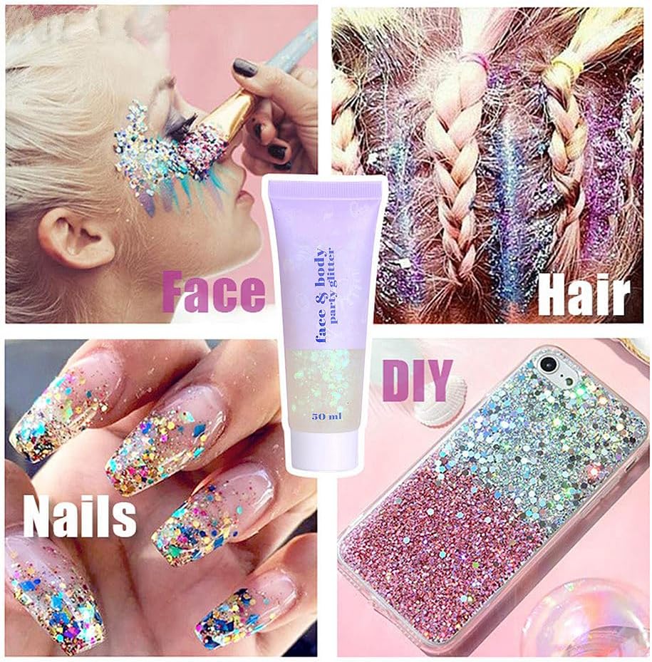 Go Ho Clear White Face Body Glitter - Party Flash Festival Rave Outfits for Women&Kids,Holographic Glitter White Face Paint,Halloween Mermaid Fairy Makeup Chunky Sequins Gel,Rave Pride Accessories