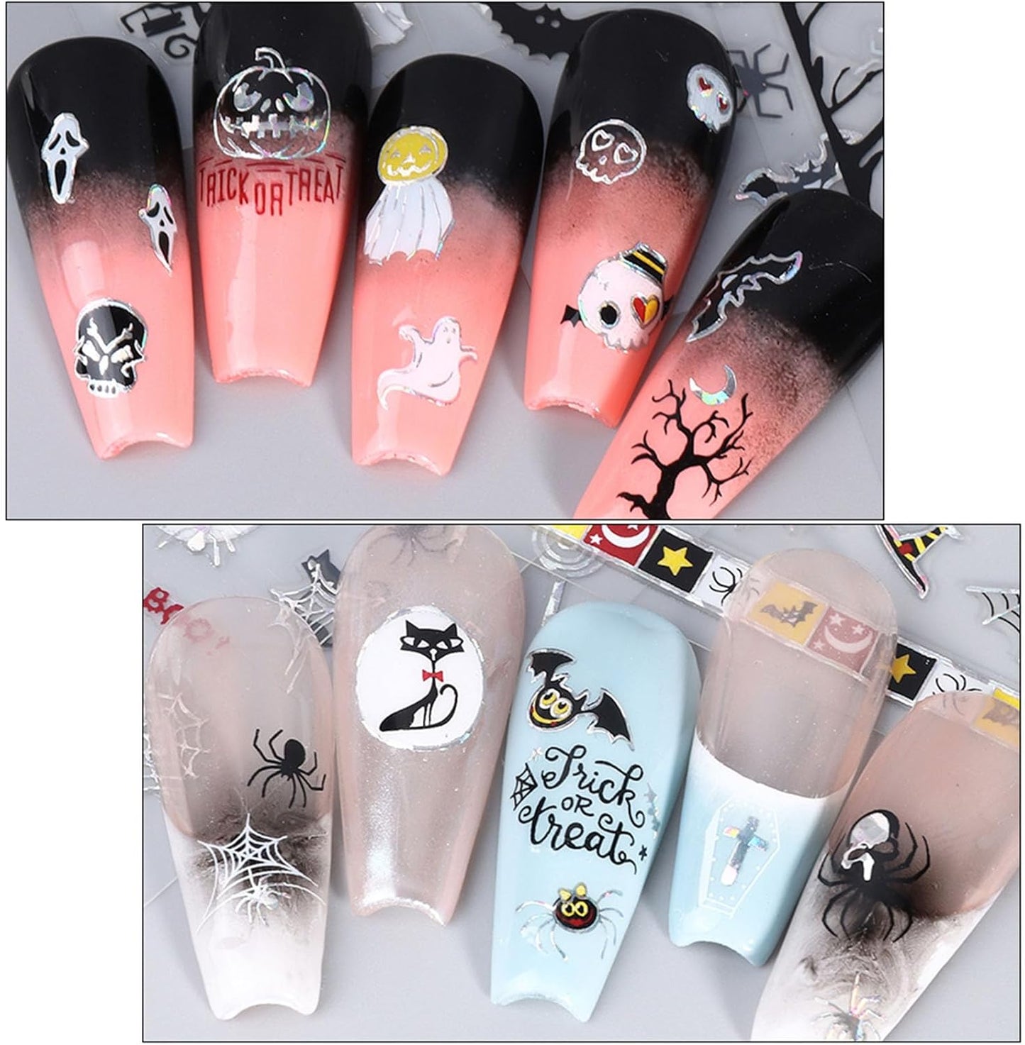 6Pcs Halloween Nail Stickers for Nail Art Cute Ghost Pumpkin Nail Art Stickers Spider Web Skeleton Bat Nails Design Decals Halloween Nail Supplies for Women Girls DIY Manicure