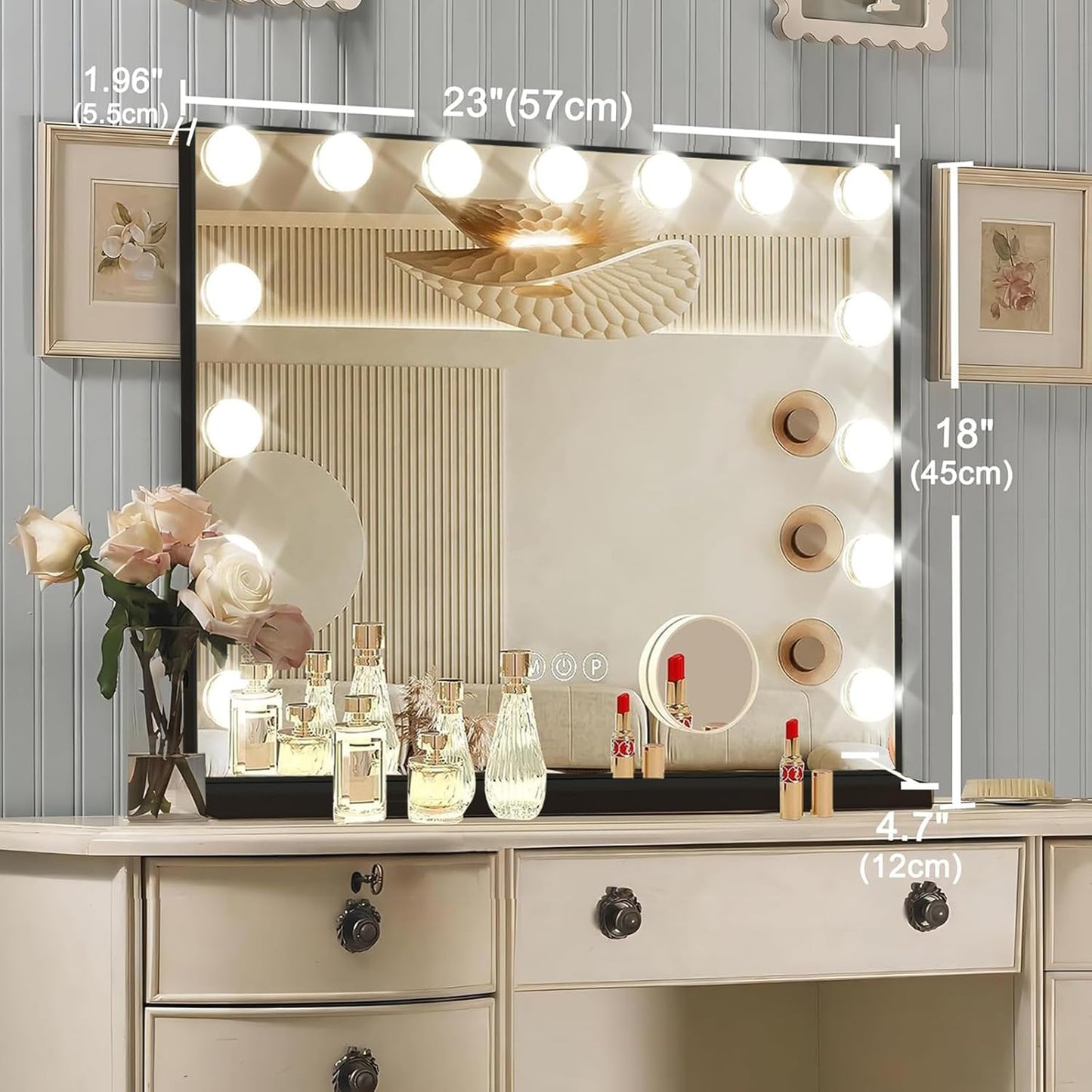 Black Hollywood Vanity Mirror with Lights, 15 Dimmable Bulbs, 3 Color Lights,Make Up Lighted Mirror, Aluminum Metal Frame, USB Charging Port(23" x 18")