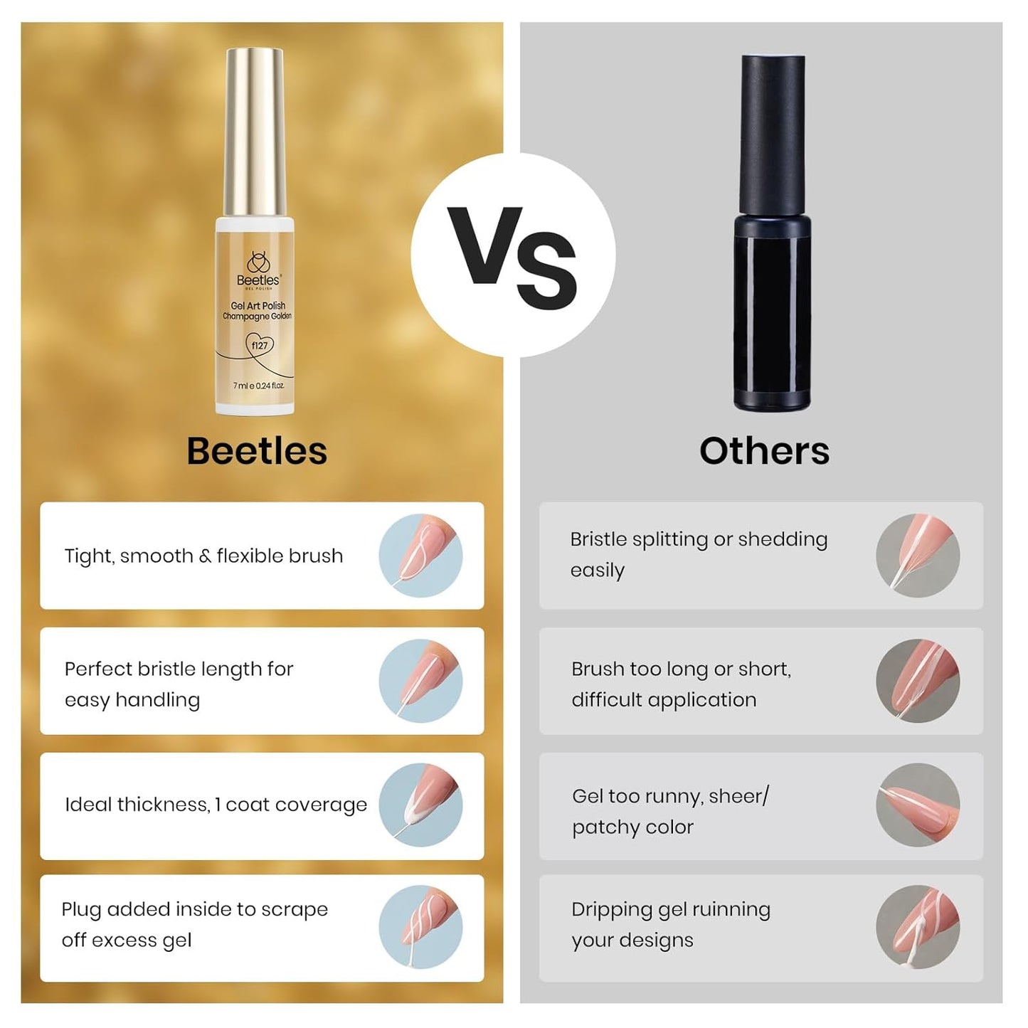 Beetles Metallic Gold Gel Liner 7ml French Tip Gel Polish 3D Mirror Chrome Effect Metal Painted Nail Polish Build in Thin Brush French Swirl Line Nail Art Soak off Uv Lamp Manicure Salon