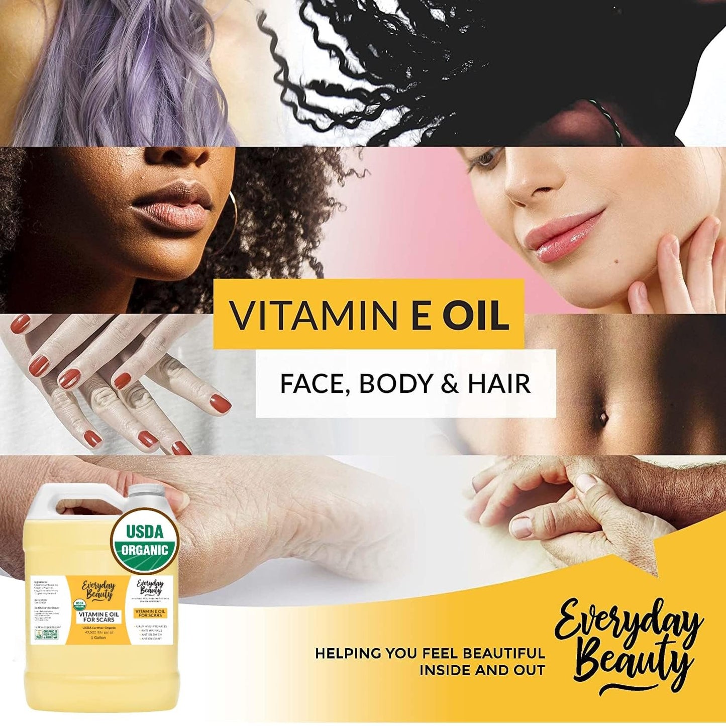 Organic Vitamin E Oil Bulk - 1 Gallon USDA Certified 100% All Natural Plant Based - Light and Unscented Great for Scars After Surgery - For Face, Skin and Nails - DIY, Reduce Wrinkles & Anti Aging