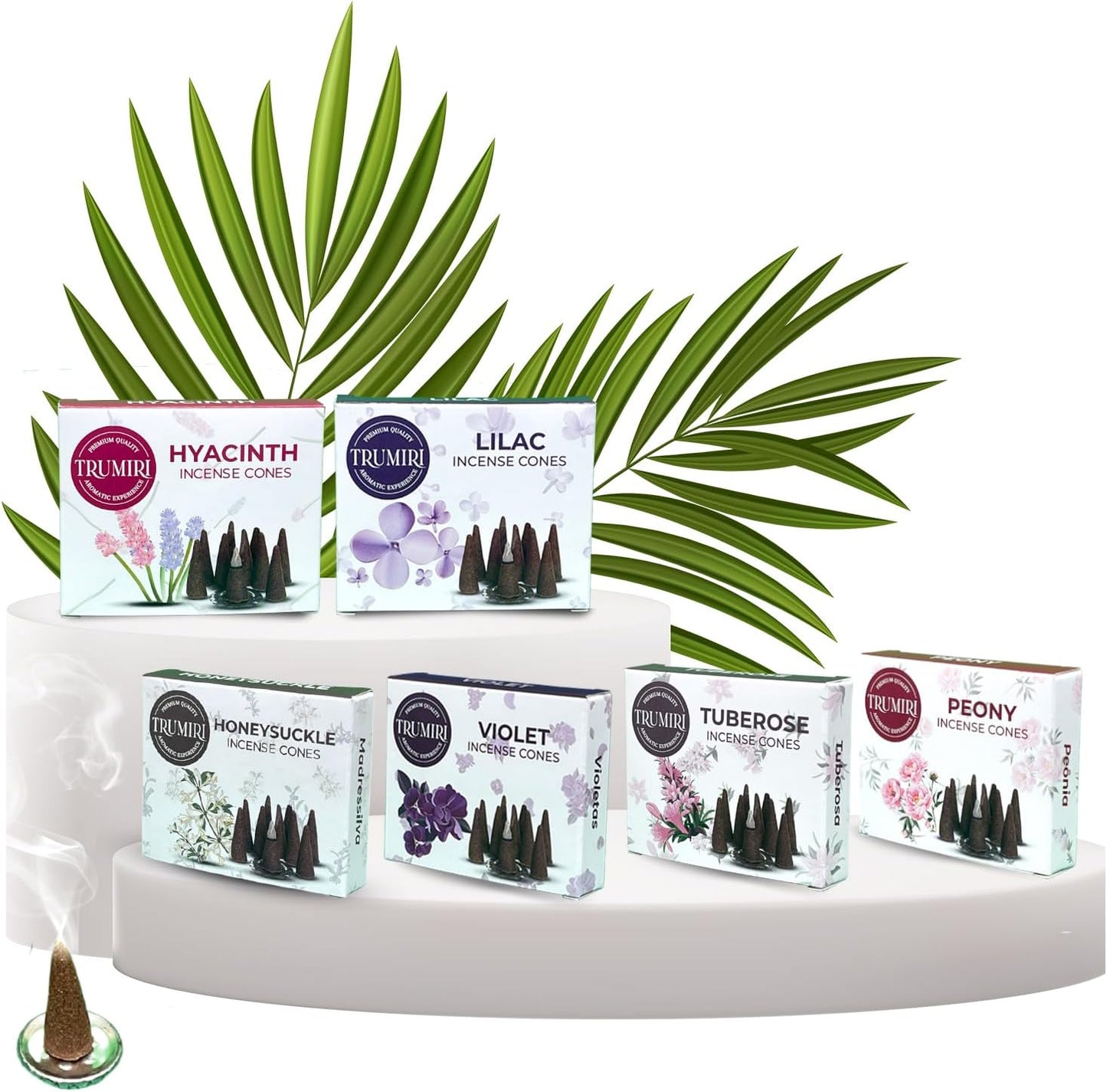 TRUMIRI Blossom Incense Cones - Variety Pack - Total 60 Cone Incense (6 Scents x 10 Conos) - Peony, Lilac, Violet, Honeysuckle, Hyacinth, Tuberose - Cone Incense Scents - Insense Cones - Incent Cone