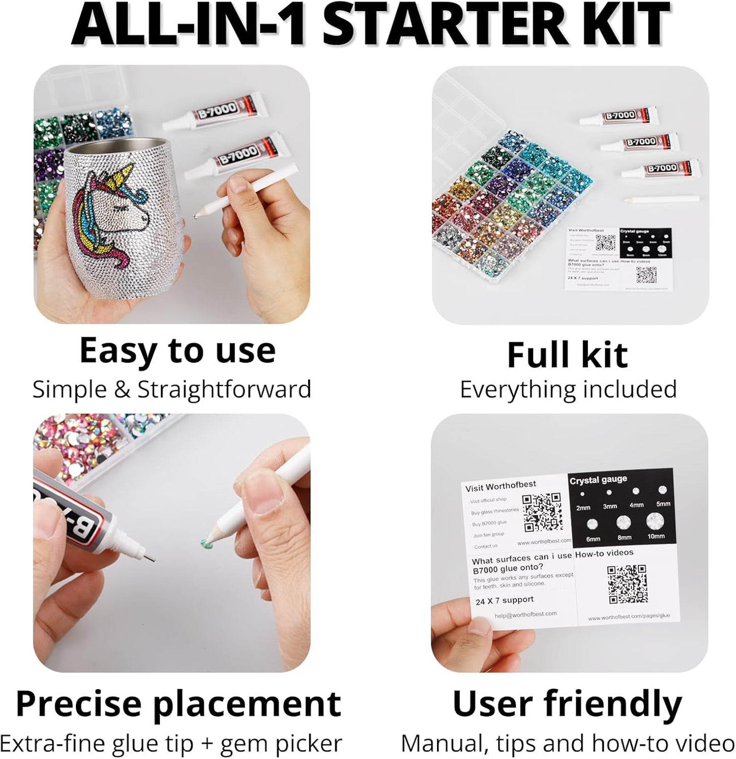 30000Pcs Resin Rhinestones for Crafting Bedazzling, Bulk Black Flatback Gems for Crafts Clothing Clothes Fabric Tumbler Sneakers, Bedazzle Flat Back Jewel Assorted Size SS6/10/16/20/30 with b7000 Glue