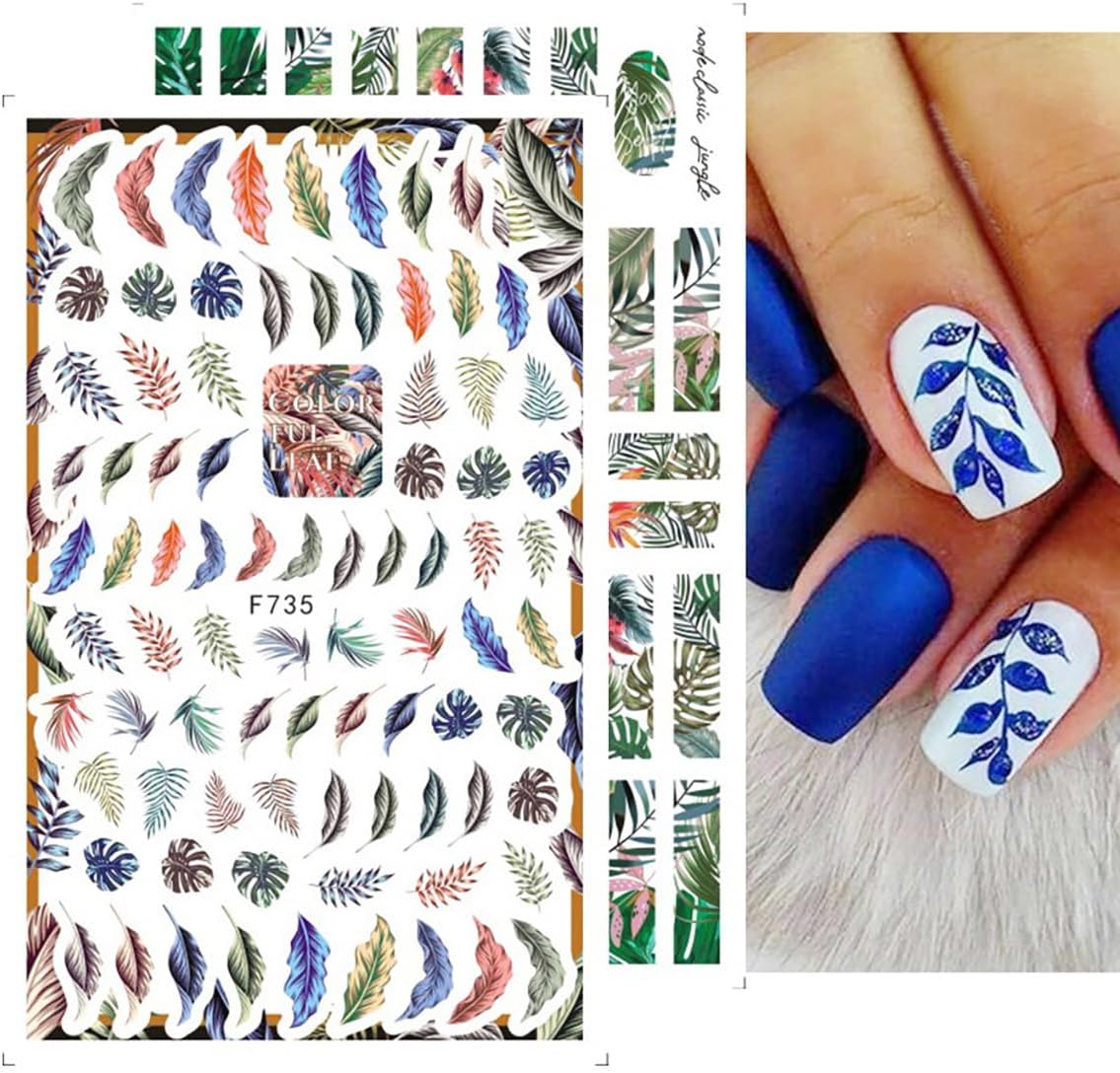 Flower Nail Art Stickers Decals 8 Sheets 3D Flowers Self Adhesive Nail Design Stickers Summer Green Blue Purple Floral Leaf Nail Decals for Women Girls DIY Flowers Nail Decoration Charms