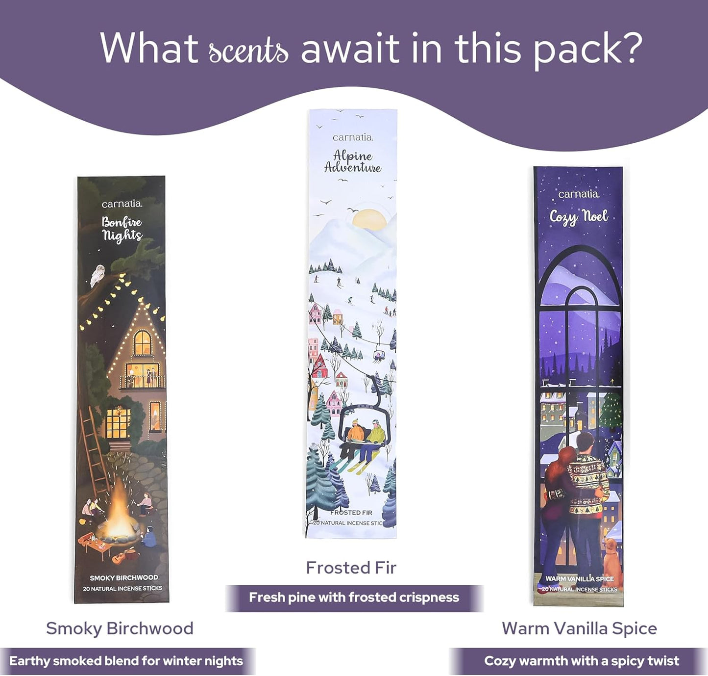 Carnatia Frosty Miracle Incense Collection – 6 Enchanting Scents | Snowy Adventures, Winter Vibes, and Cozy Aromas for Holiday Season!