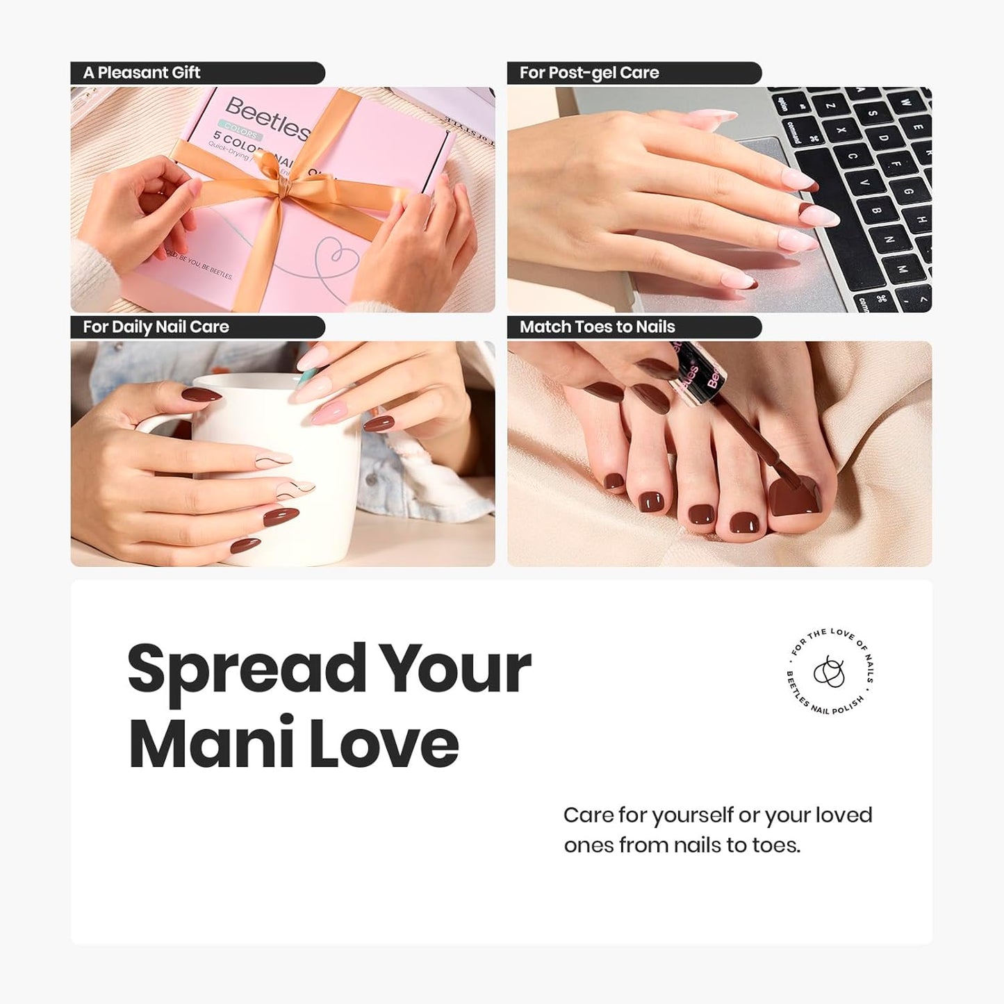 Beetles Nude Nail Polish Set 7Pcs: Fast Drying & Long Lasting Neutral Beige Brown Nail Polish with 2 IN 1 Base & Top Coat and Cuticle Serum, All-in-One Care Nails Gift Sets