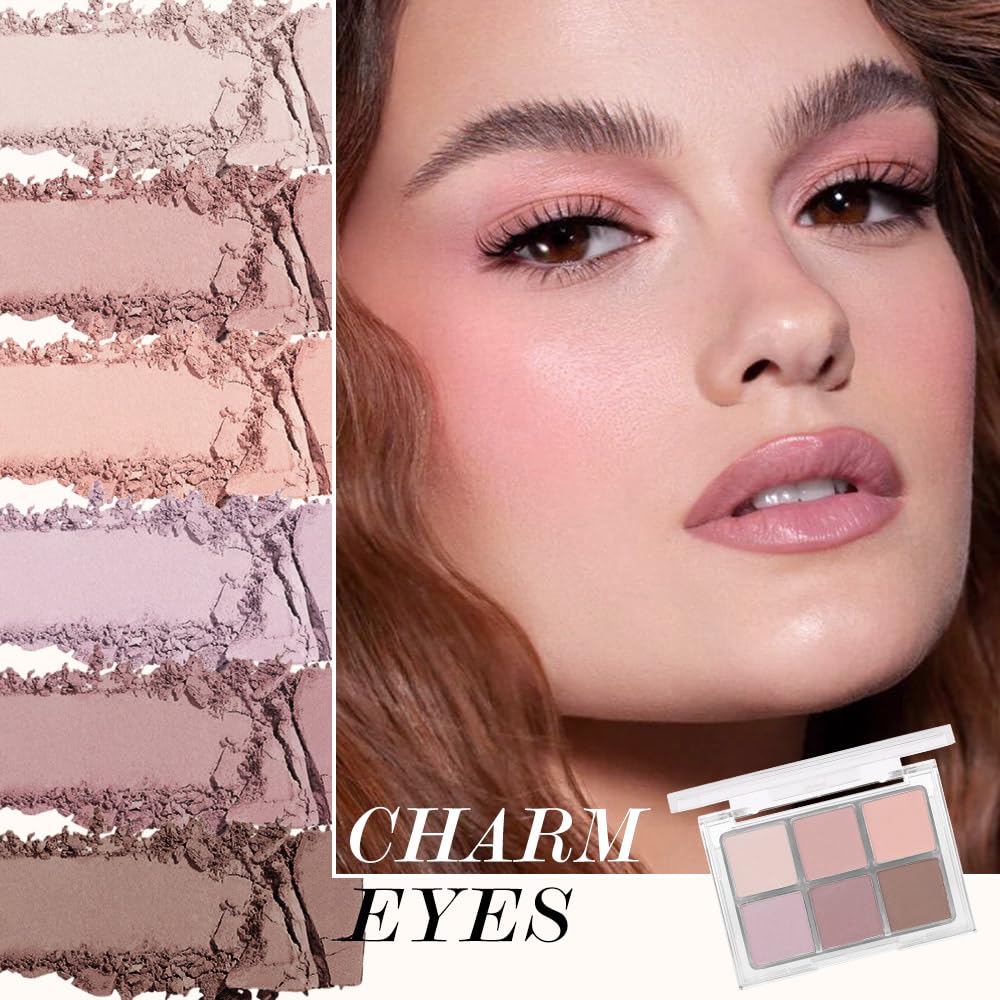 6Colors Glitter Matte Eyeshadow Palette, Natural Nude Brown Purple Coffee Shimmer Sparkly Eye Shadow Makeup, Warm Pastel Eyeshadows Palette, Long Lasting, Natural-Looking Women Girls Eye Shadow 01