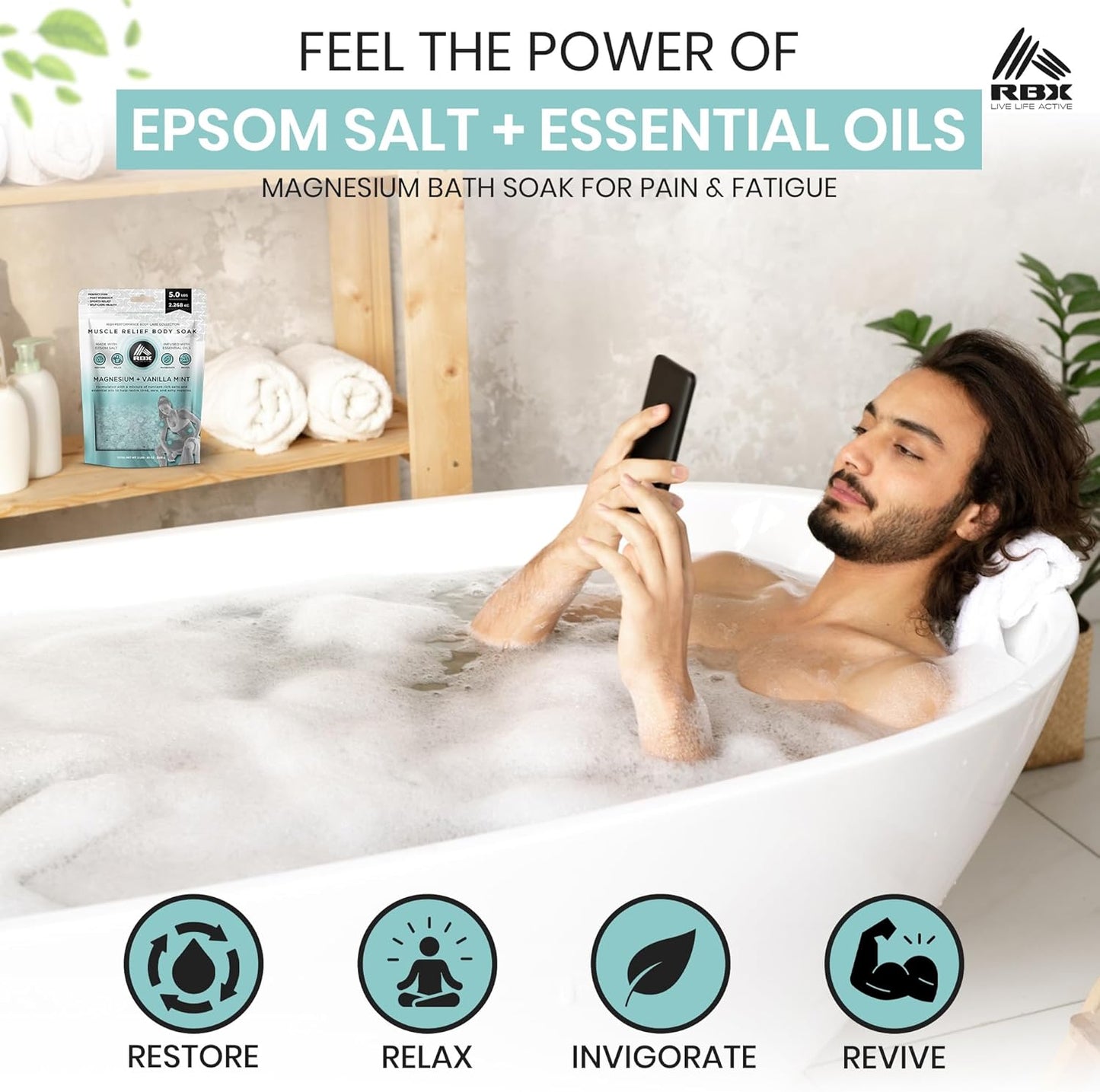 RBX Muscle Relief Epsom Salt Bath Soak – Magnesium Flakes & Bath Salts for Soothing Sore Muscles, Pain Relief, Foot Detox Soak – Vanilla Mint Scent – 5 lb Bag