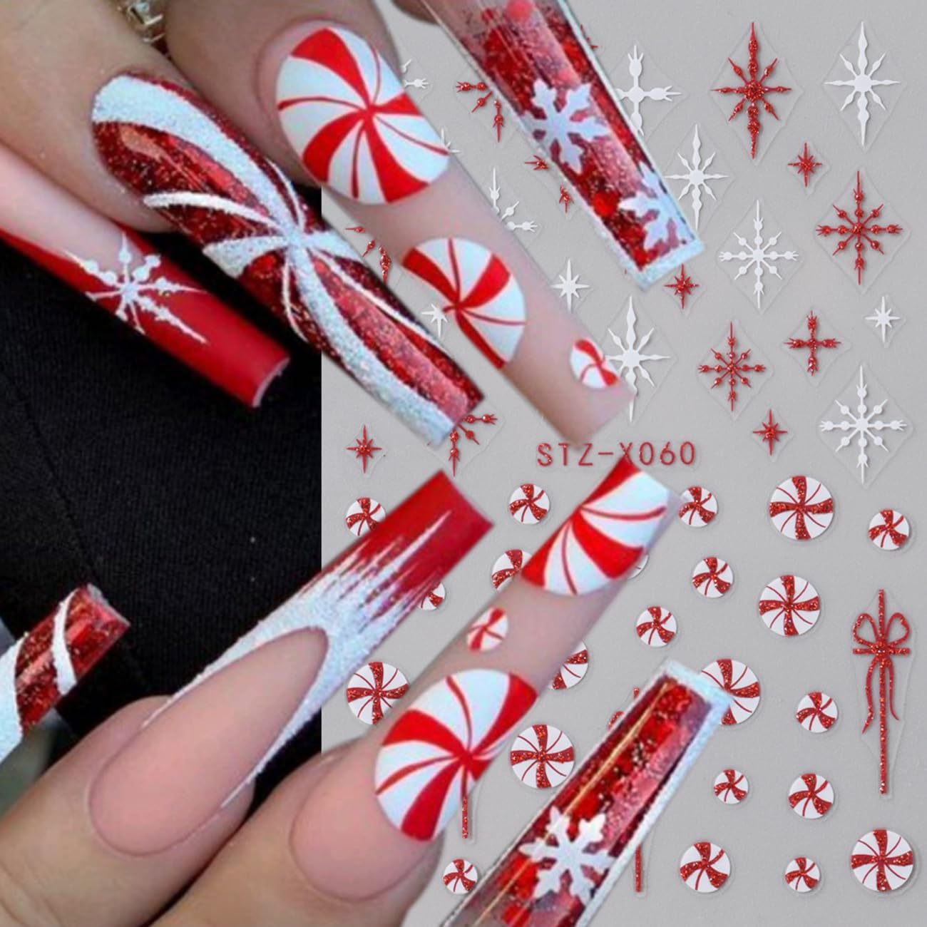 6Sheets Red Christmas Nail Art Stickers,Christmas Hat Snowflake Gift with French Bow Snowflakes Hat Glitter Design 3D Self-Adhesive Decals Supplies Winter New Year Manicure Tips Decoration for Women