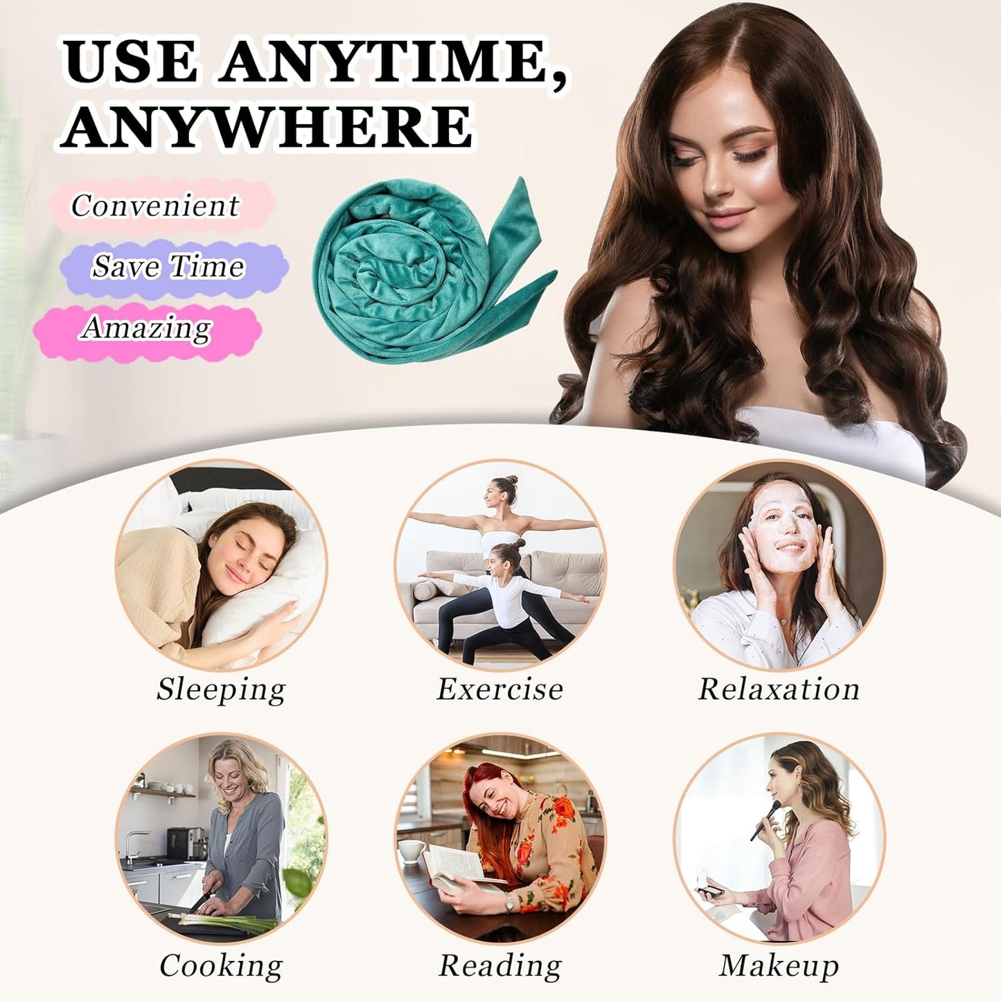 No Heat Overnight Curl Headband, 70" Soft Ribbon Wrap for Long Hair, 9 PCS Hair Curling Rods Set - Blue Green