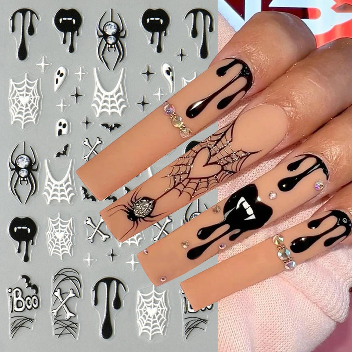 6Pcs Halloween Nail Stickers for Nail Art, Bat Spiders Nail Art Stickers Spider Web Black Rose Skull Ghost Nails Design Decals Halloween Nail Supplies for Women DIY Manicure Decoration Accessories