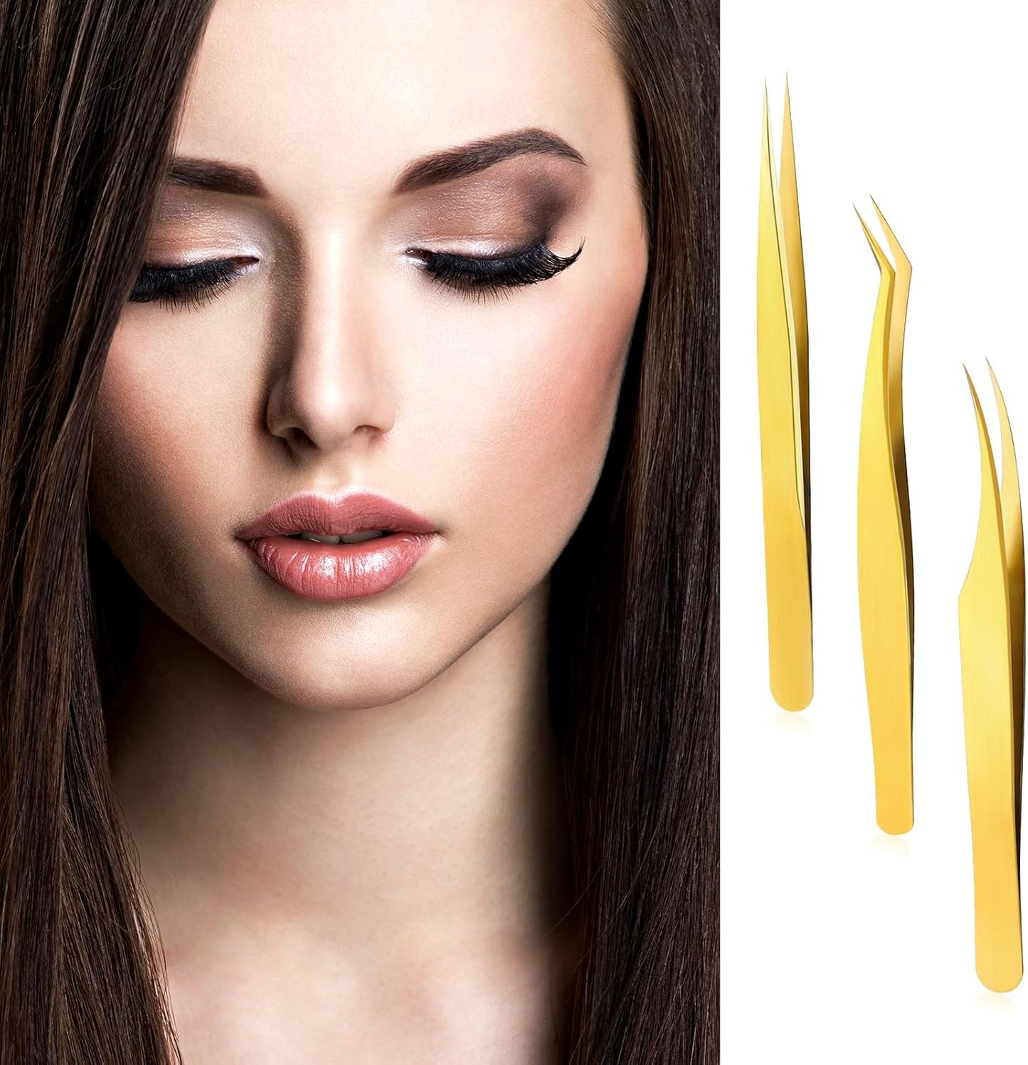3 PCS Lash Tweezers for Eyelash Extensions, High Precision Gold Metal Tweezers Set Fiber Tip and Curved Isolation Tweezers Eyelash Extension Tools for Women Volume Lash, Crafting, Jewelry Making