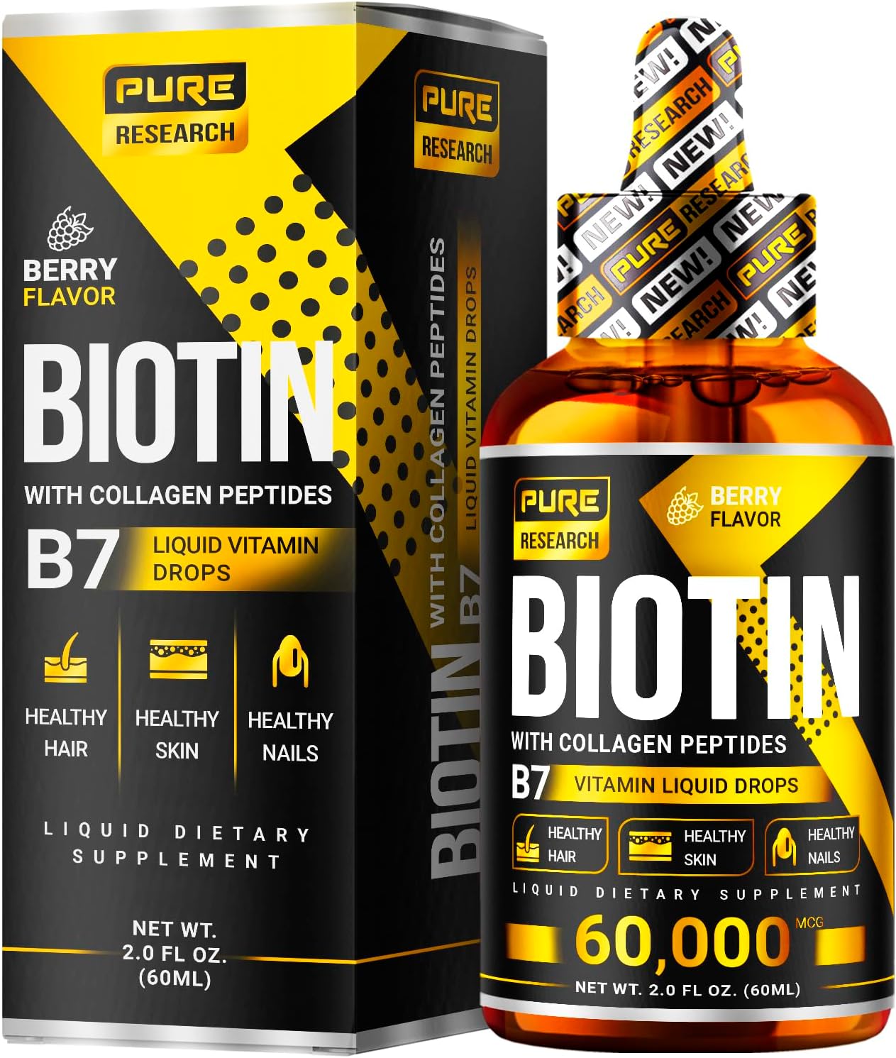 PURE RESEARCH Biotin & Collagen 60,000mcg Hair Growth Liquid Drops, Supports: Strong Nails, Glowing Skin, Healthy Hair Growth, More Absorption Than Capsules & Pills (4Fl Oz)