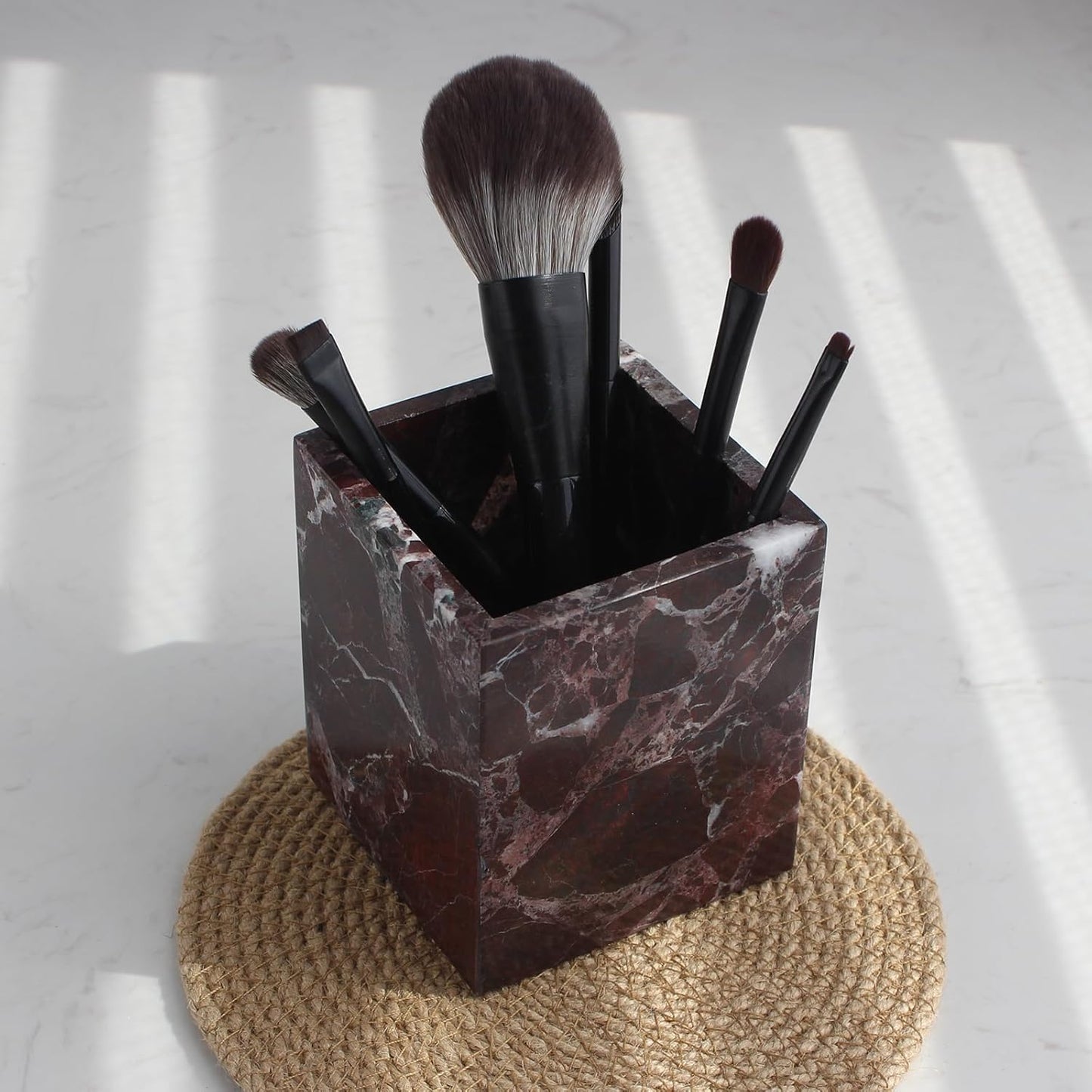 Natural Rosso Levanto Marble Square Storage Container for Toothbrush/Makeup Brush/Pens, Countertop Organizer Bathroom