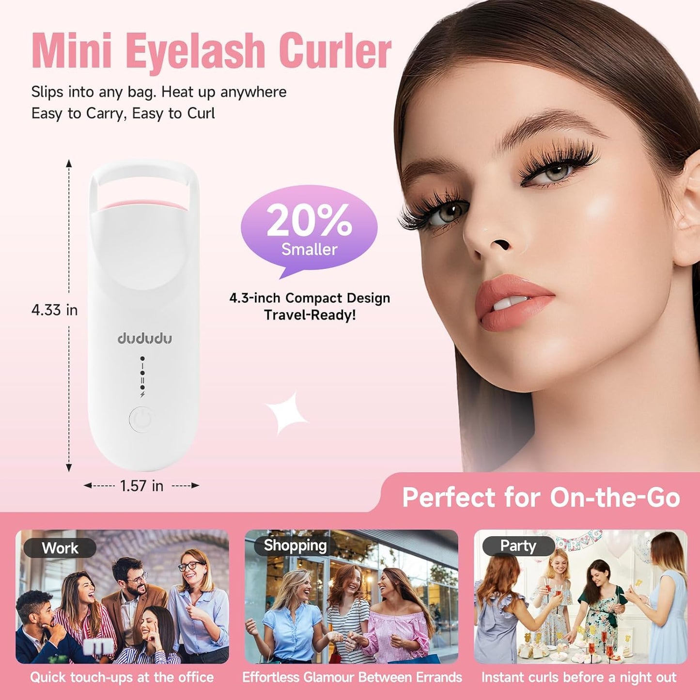 DUDUDU Heated Eyelash Curler, Portable Travel-Size Mini Electric Heated Lash Curler - 2-Level Adjustable Temp & Type-C Recharge, 10S Heat 3S Style 24H Lift for Long-Lasting Natural Effortless Curves