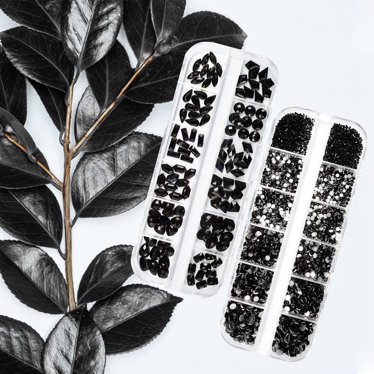 4080Pcs Black Nail Rhinestones Crystal Flatback Jet Black Rhinestones Round Beads Glass Gems Stones Nail Art Gems Diamonds jewels Multi Shapes Sizes Nail Charms for Nails Eyes Makeup DIY Crafts