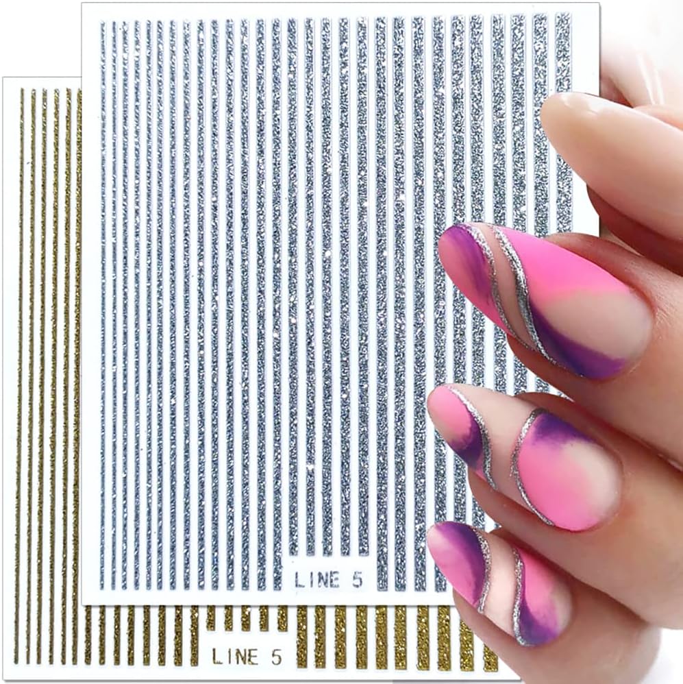 3D Glitter Lines Nail Stickers Holographic Nail Art Stickers Metal Stripe Nail Decals Self Adhesive Geometric Strip Line Nails Stickers Women DIY Nail Supplies,6 Colors/Set