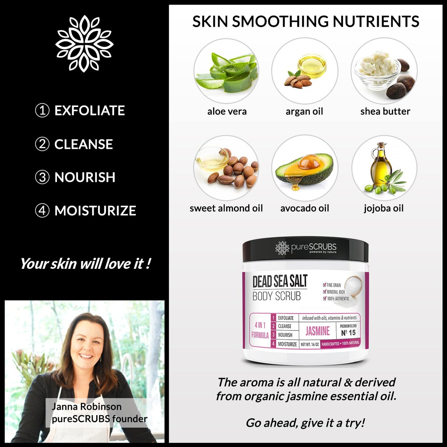 pureSCRUBS Premium Jasmine Body Scrub Set - Large 16oz Dead Sea Salt Body Scrub With Infused Essential Oils & Nutrients Includes Wooden Spoon, Loofah & Oatmeal Exfoliating Bar Soap