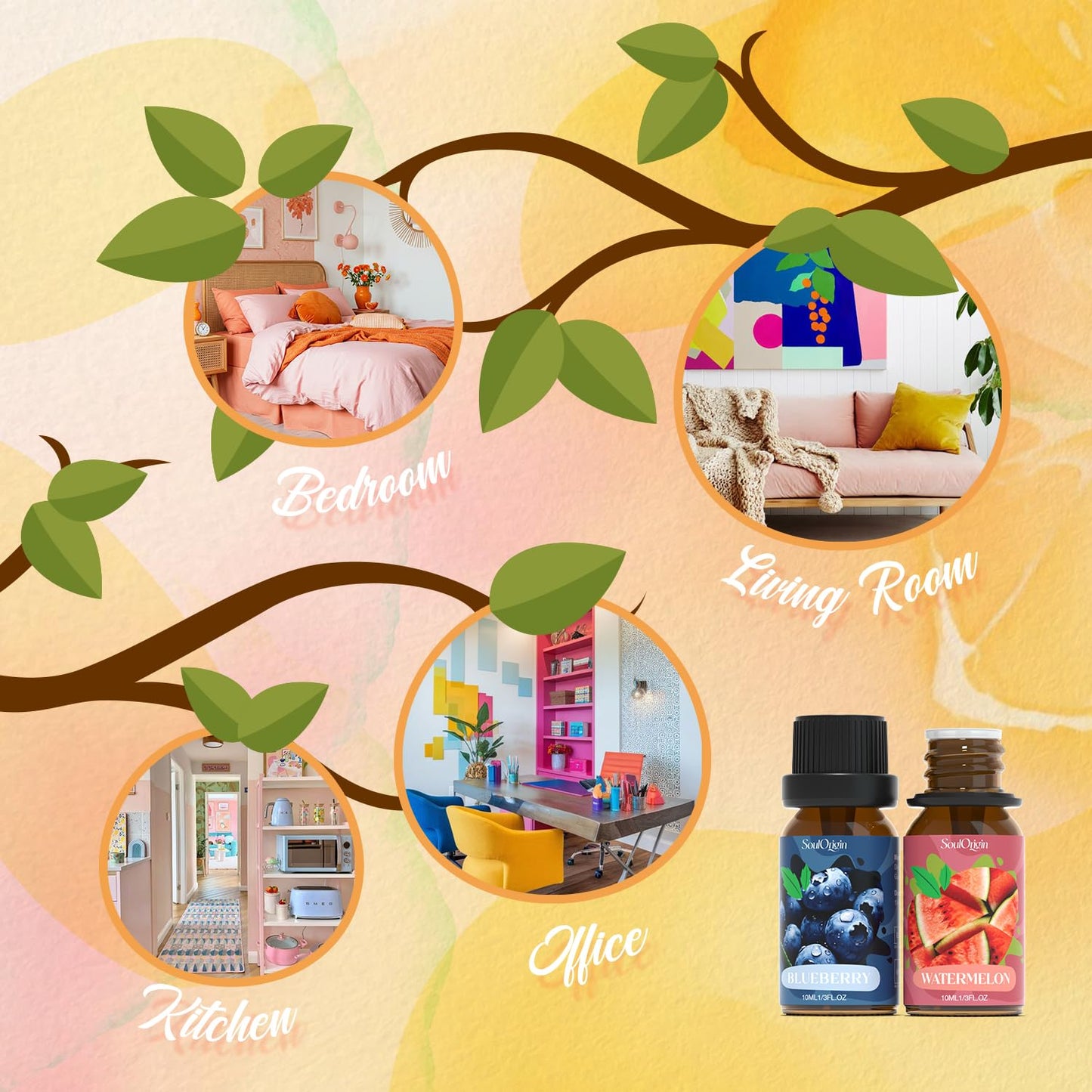 Fruit Essential Oils Set, Fragrance Oil Set for Diffuser, Scent Diffuser Oil for Candle Making- Pineapple, Sweet Orange, Grape, Green Apple, Blueberry, Watermelon