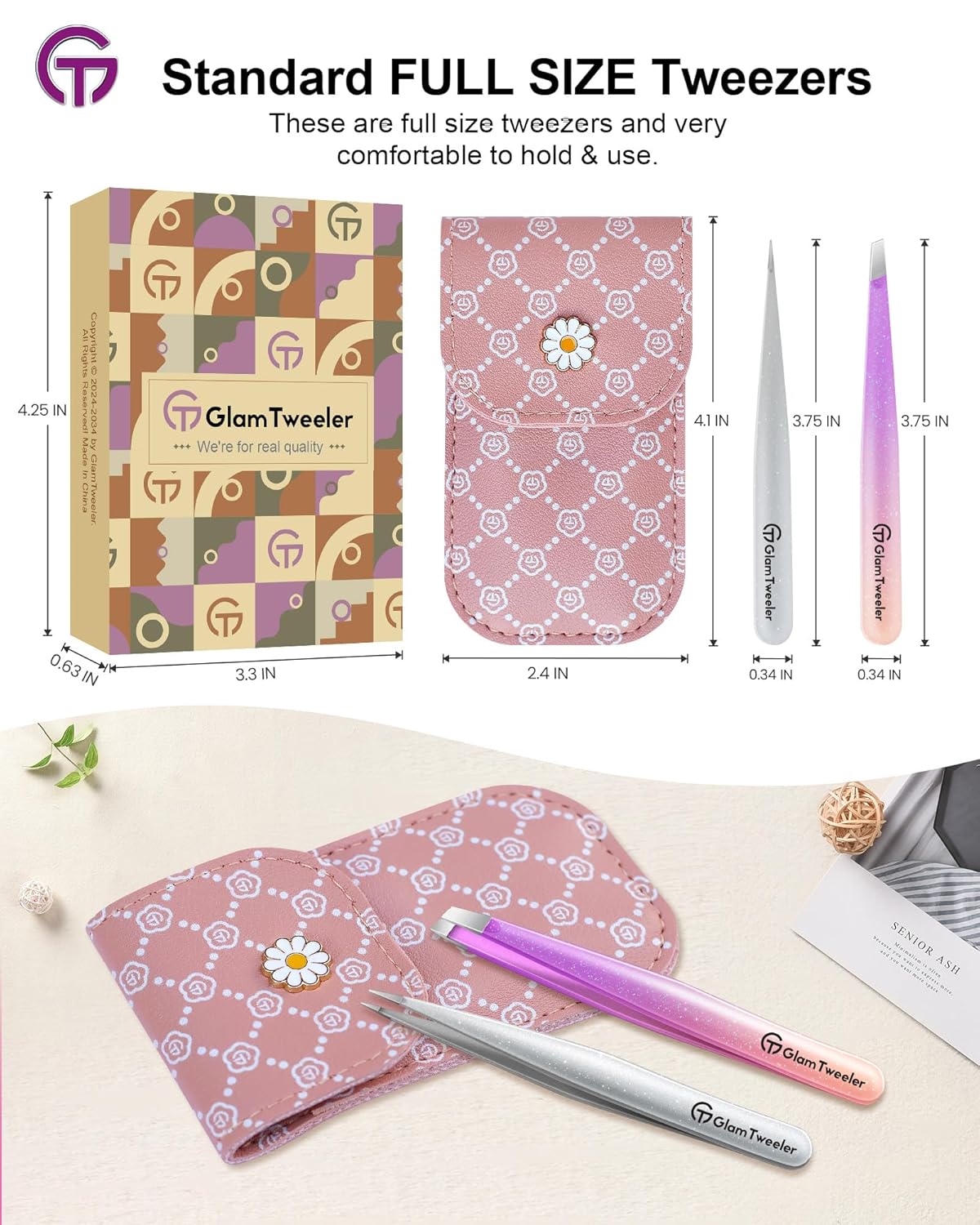 Expert Slant and Point Tip Tweezer Set with Exclusive Storage & Carrying Case, GlamTweeler Sharp & Precision Tweezer Set for Eyebrows, Facial Hairs and Fine Hairs Removal (Sparkle Violet + Silver)