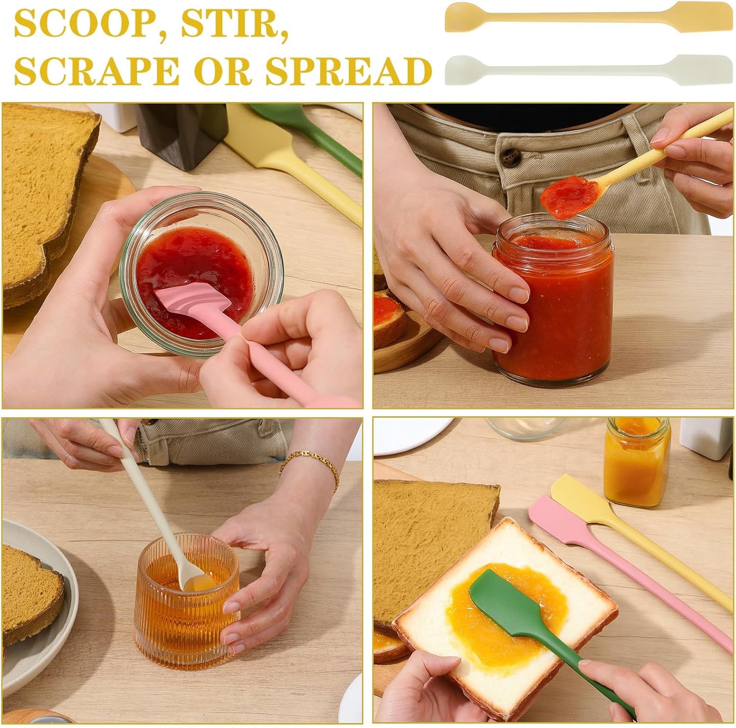 4 Pcs Silicone Jar Spatula Set, Small Silicone Dual-Ended Spatula & 10.2-Inch Baking Spatulas, Mini Spatulas for Cooking, Scooping, Mixing, Makeup & Jars