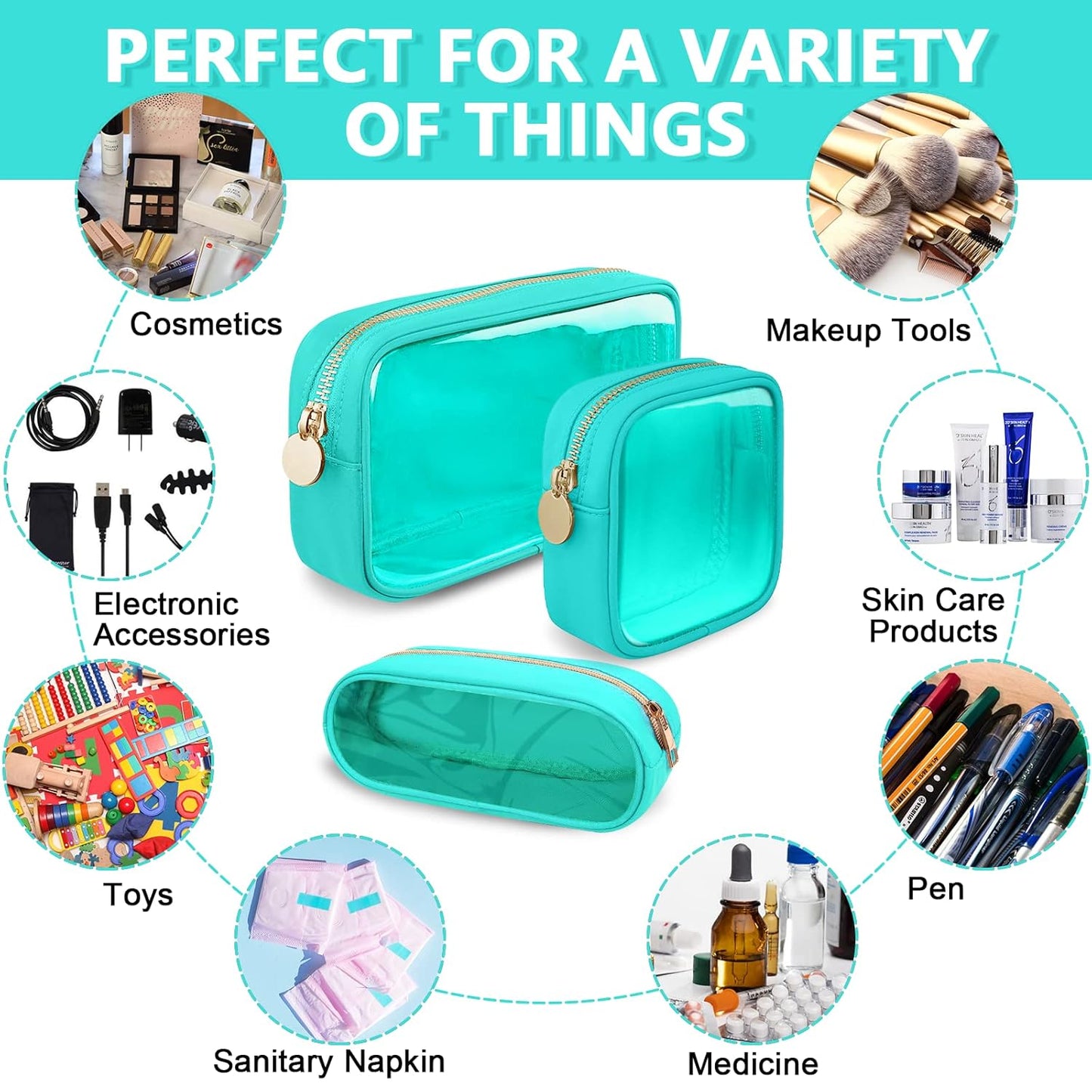Clear Small Makeup Bag with Zipper, Nylon&PVC Cosmetic Travel Bag Preppy TSA Approved Toiletry Bag for Women Girls, Transparent Waterproof Makeup Pouches Cute Travel Bag for Purse(Small-Mint Green)
