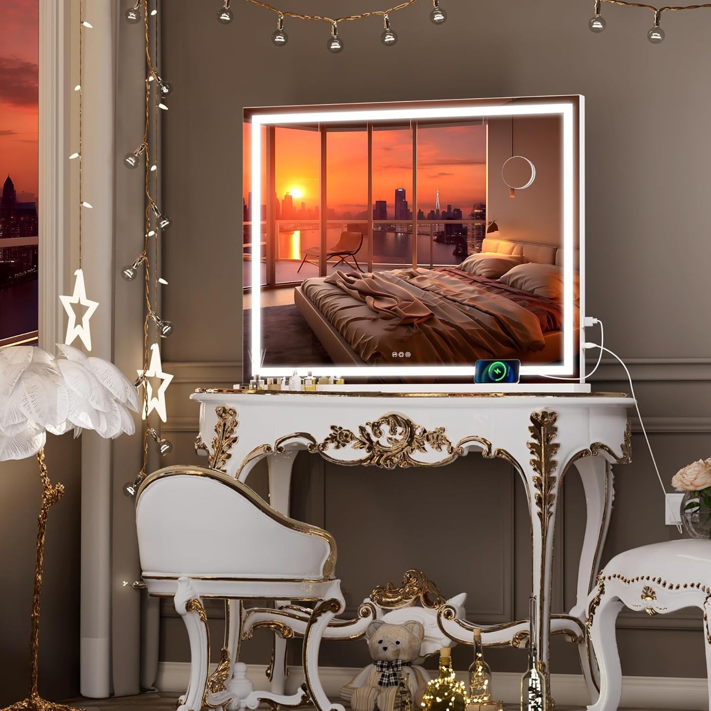 Hasipu Vanity Mirror with Lights, 40" x 30" LED Makeup Mirror, Lighted Makeup Mirror with Dimmable 3 Modes, Touch Screen Control Vanity Mirror Square White