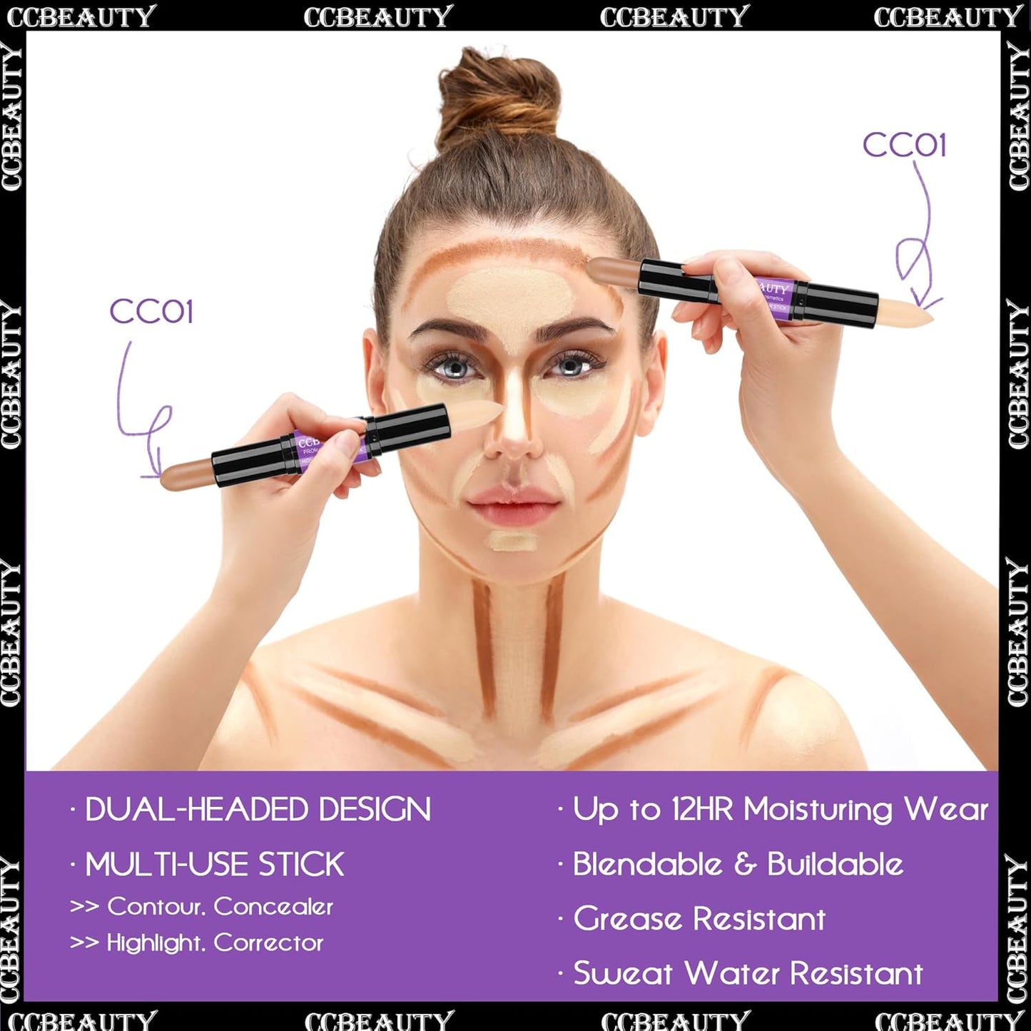 CCbeauty 2pcs 2-IN-1 Matte Contour Concealer Stick Cool Tone with Blush,Cream Blendable Bronzer & Blusher for Cheeks & Lip,Long Lasting & Waterproof Contouring for Face Shaping Makeup,AMBER/SOFT AMBER