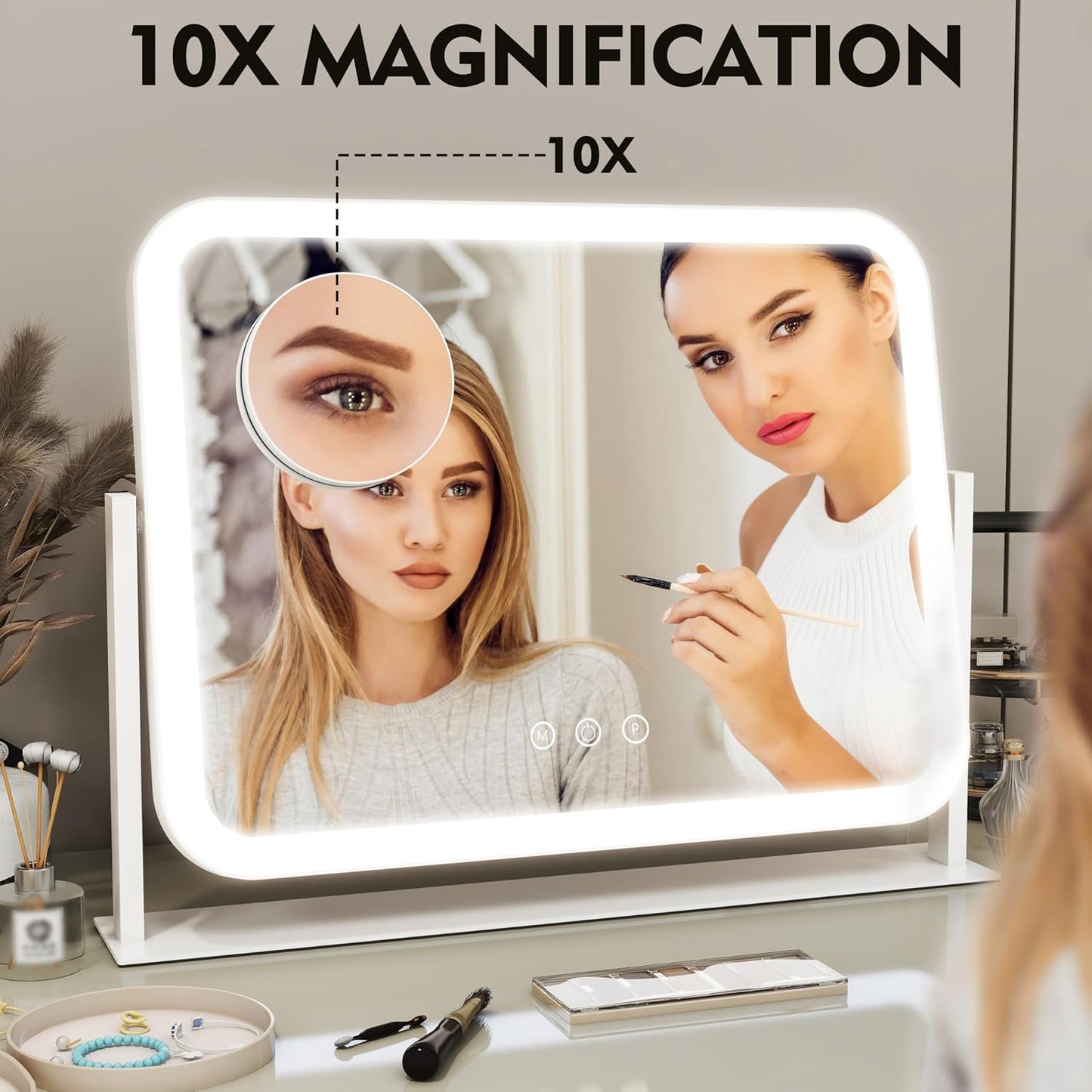 Lighted Makeup Mirror, 17"x13" Vanity Mirror with Lights and 10X Magnification, 3 Color Lighting Modes, Smart Touch Control, 360° Rotation for Bedroom or Tabletop (White)